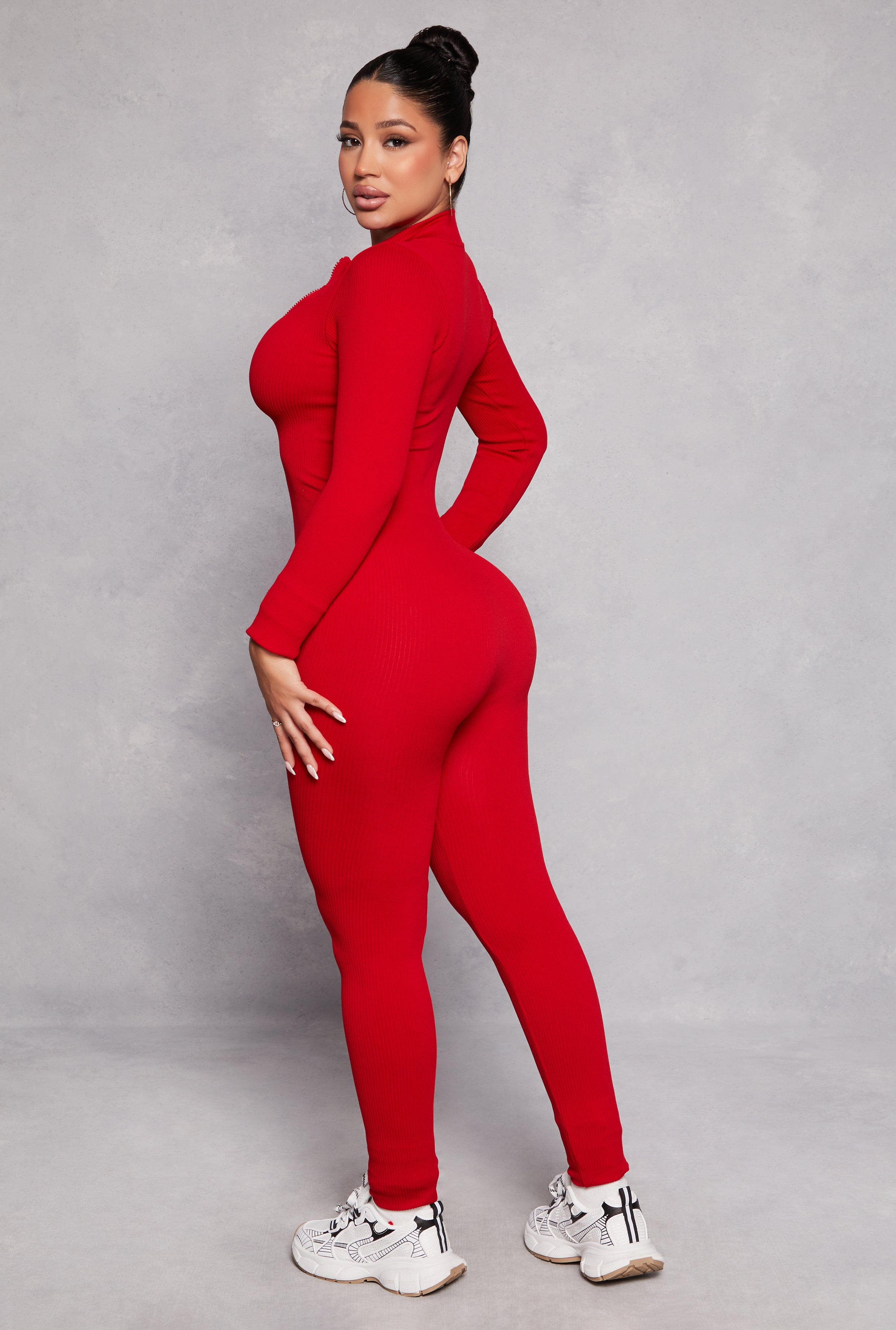 Ribbed Knit Half Zip Long Sleeve Catsuit、mySite、camillekostekn