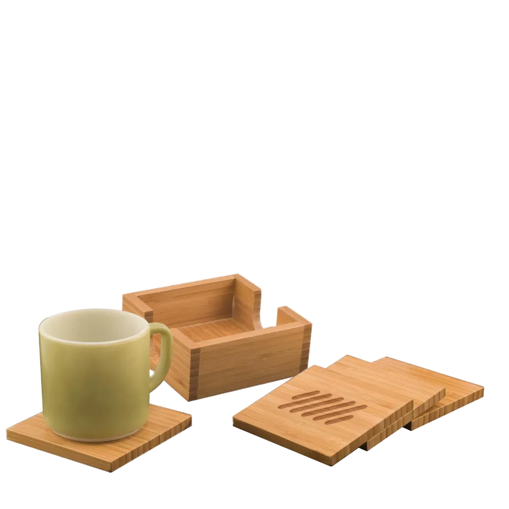 Bamboo Square 4-Coaster Set with Holder、mySite、noshort