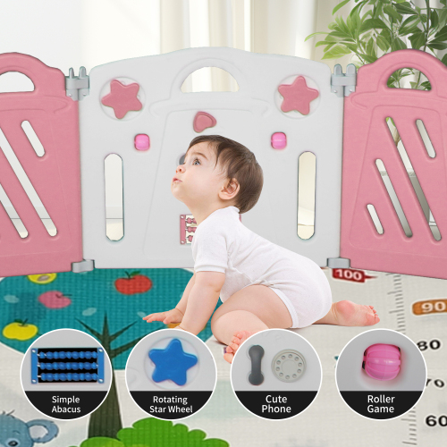 16+2 Panel Baby Playpen, Foldable Playard for Baby and Kids, Adjustable Shape Play Fence with Safety Lock Gate (Pink+White,16+2 Panel)、、casual