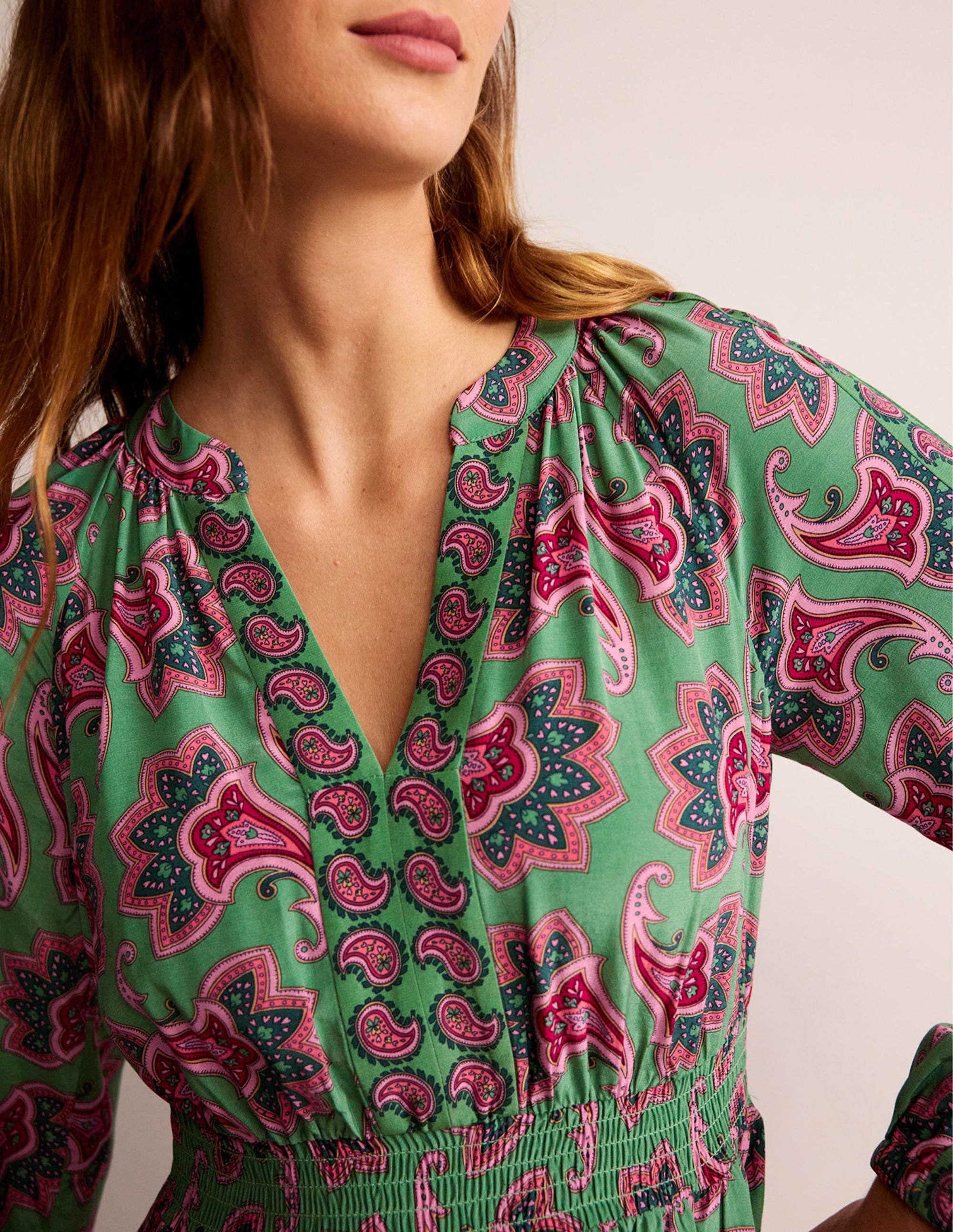  Border Print Raglan Midi Dress-Green, Paisley Amaryllis、mySite、ashleygrahame