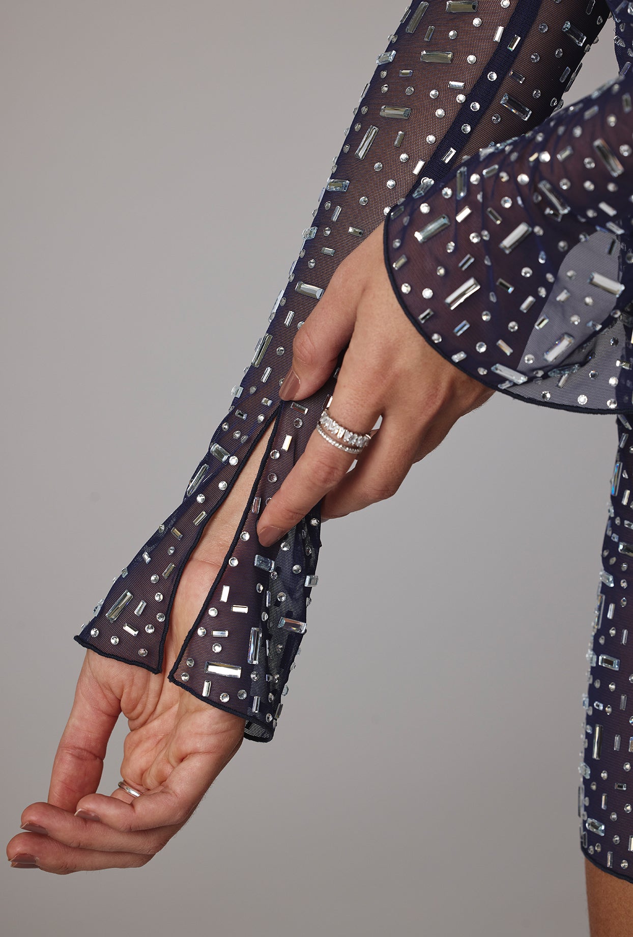 Sheer Embellished Long Sleeve A-Line Mini Dress in Navy、mySite、solidvoid