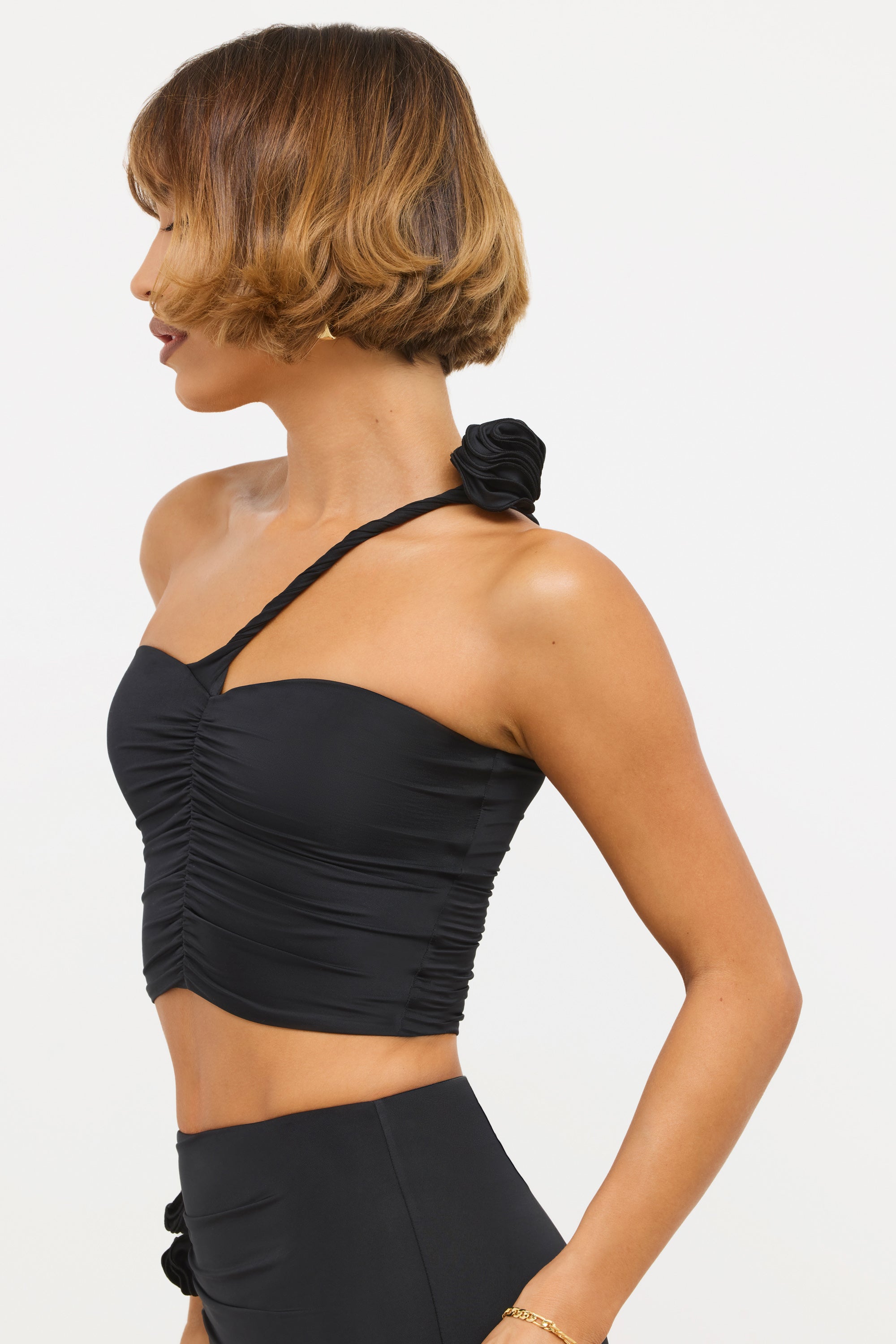 Slinky Jersey Rose Detail Asymmetric Top in Black、mySite、solidvoid