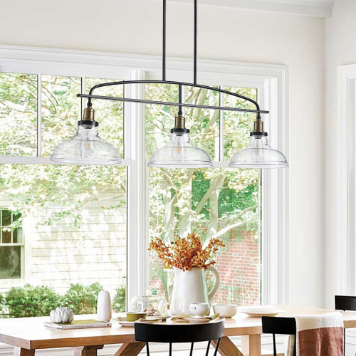 45" Industrial 3-Light Pendant Chandelier with Clear Glass Shades, Black Metal Frame, Adjustable Height, Modern Farmhouse Lighting for Kitchen Island, Dining Room, or Living Room (Bulb Not Included)、、eastwooduniform