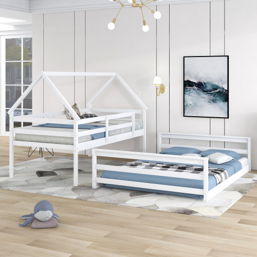 Twin over Twin Low Bunk Bed, House Bed with Ladder , Gray(OLD SKU:WF197808AAE)、、casual