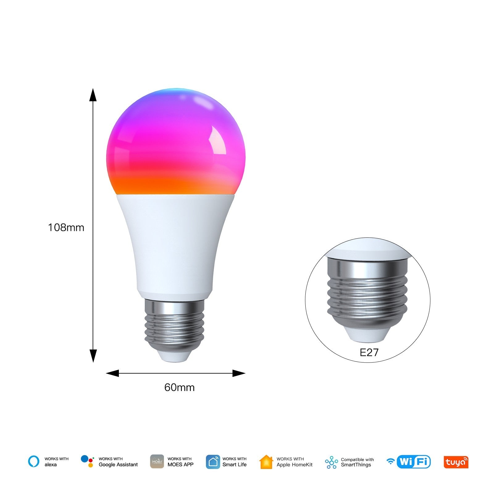 Tuya Matter WiFi Smart LED E27 Dimmable Light Bulbs RGB 2700K-6500K W+C、mySite、fannypackpong