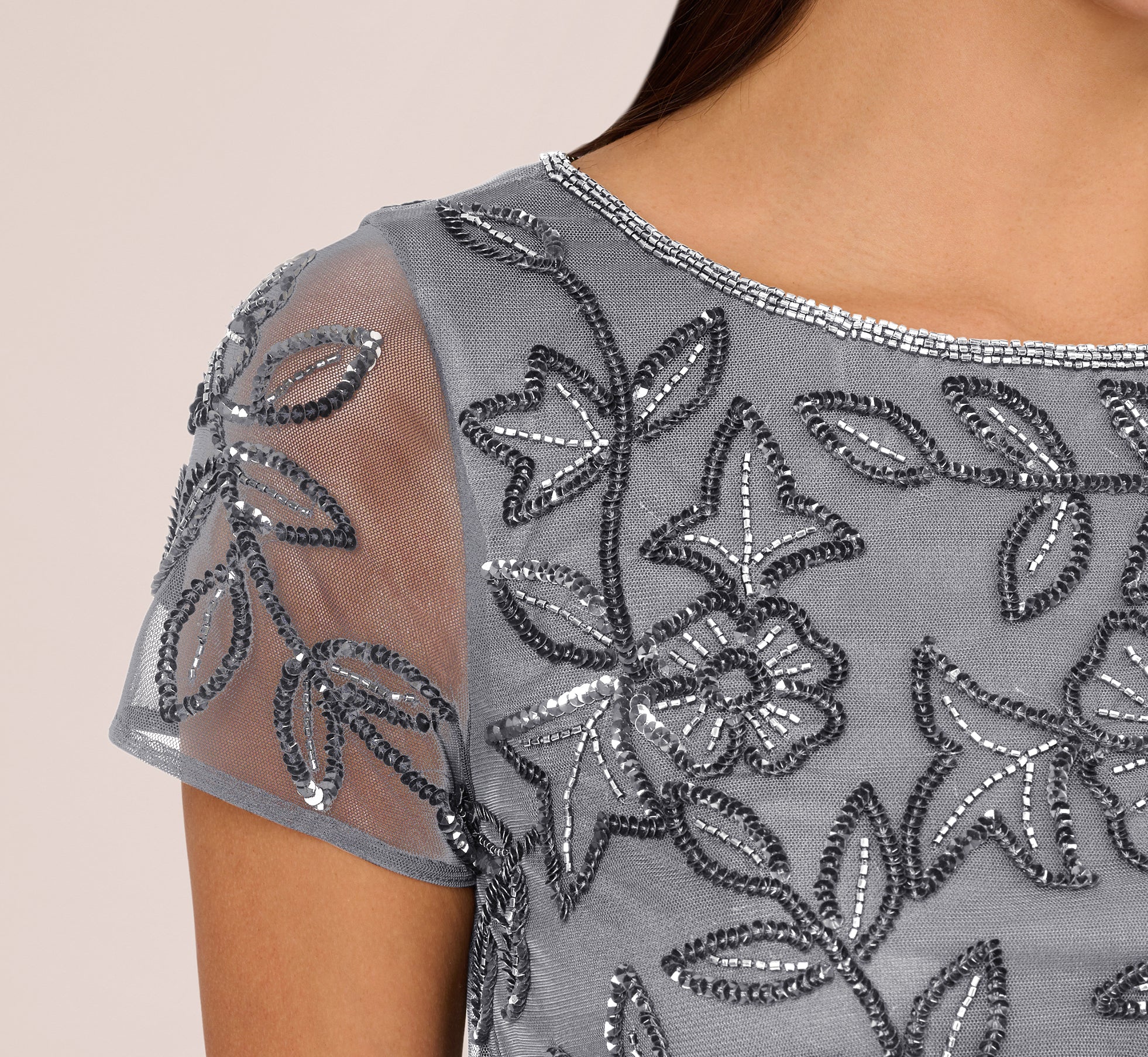 Jasmine Beaded Blouson Gown With Sheer Short Sleeves In Dusty Blue、mySite、solidvoid