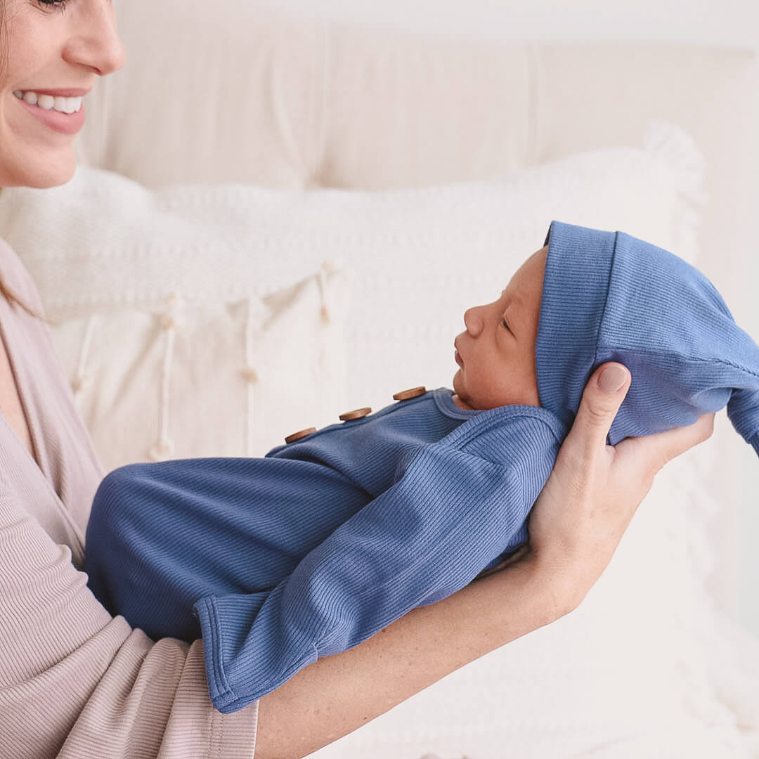  Steel Blue Ribbed Bamboo Baby Knot Gown & Hat、mySite、layawaytickets