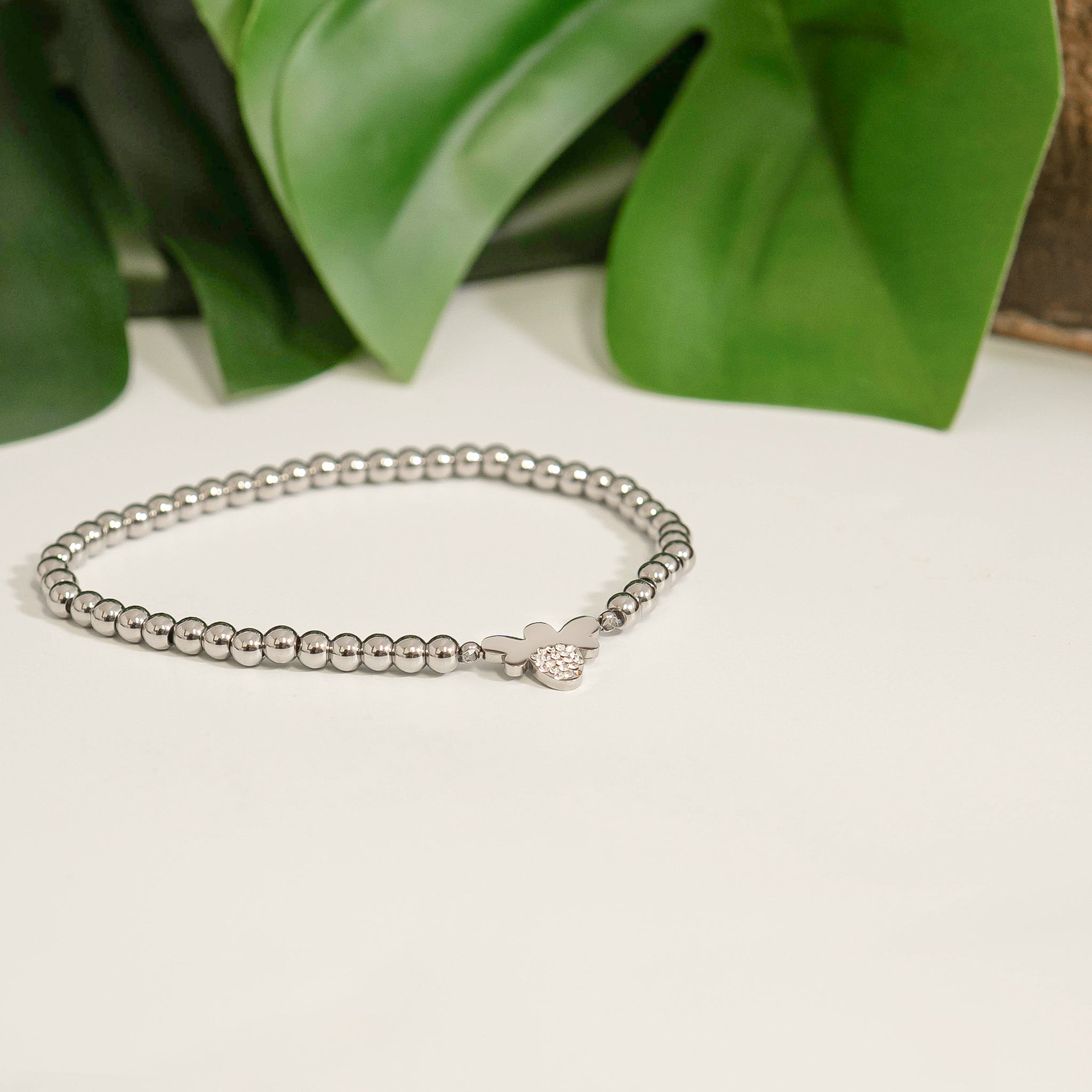 18K Gold PVD Stainless Steel Stone Bee Metal Beaded Stretch Bracelet / BRJ1022、mySite、dreamappss