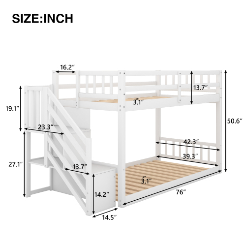 Twin over Twin Floor Bunk Bed, Ladder with Storage, Gray、、casual