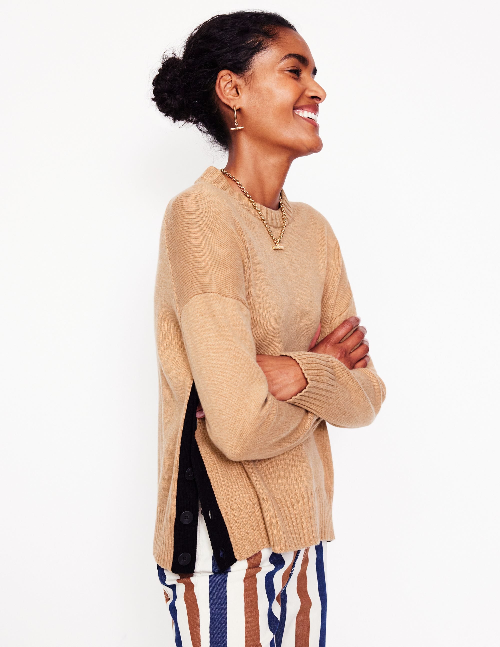  Zia Button Side Jumper-Camel Melange、mySite、ashleygrahame