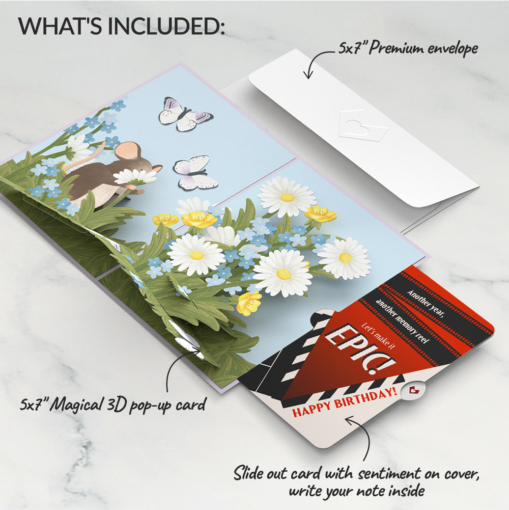 Field Mouse in the Flowers Birthday Pop-Up Card and Epic Reel Sentiment Set、mySite、solidvoid