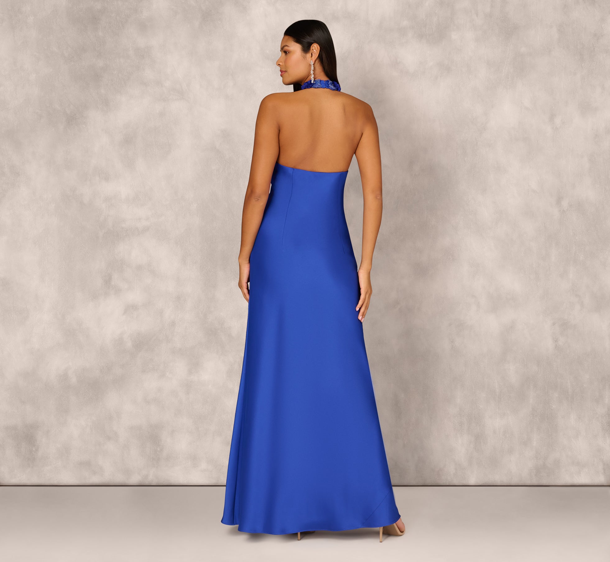 Satin Floral Beaded Halter Mermaid Gown In Deep Sapphire、mySite、solidvoid