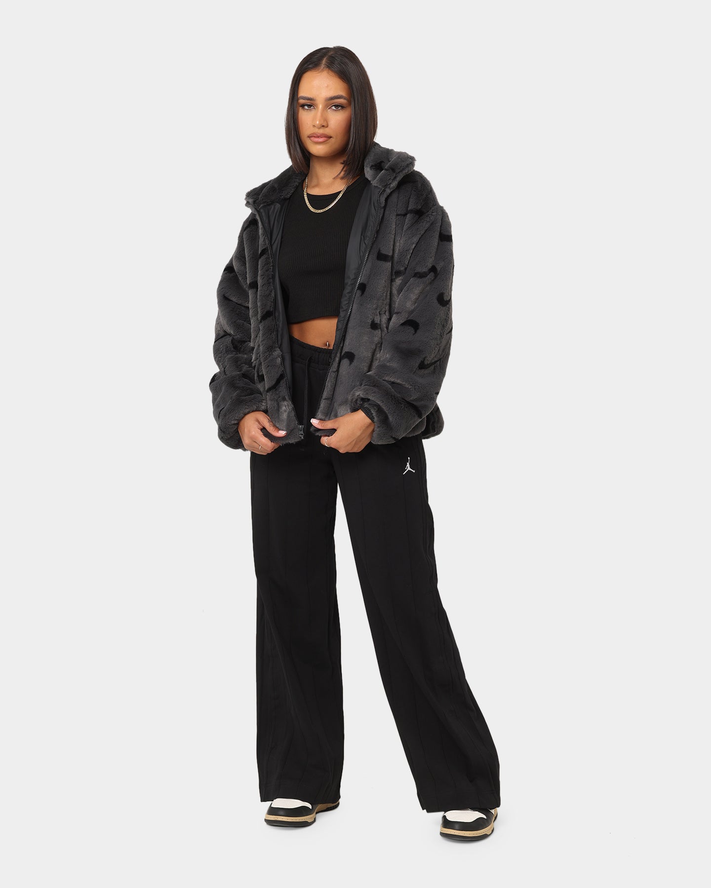 Nike Women's Nike Sportswear Faux Fur All Over Print Jacket Dark Smoke Grey/Black、mySite、zt4zffjzw