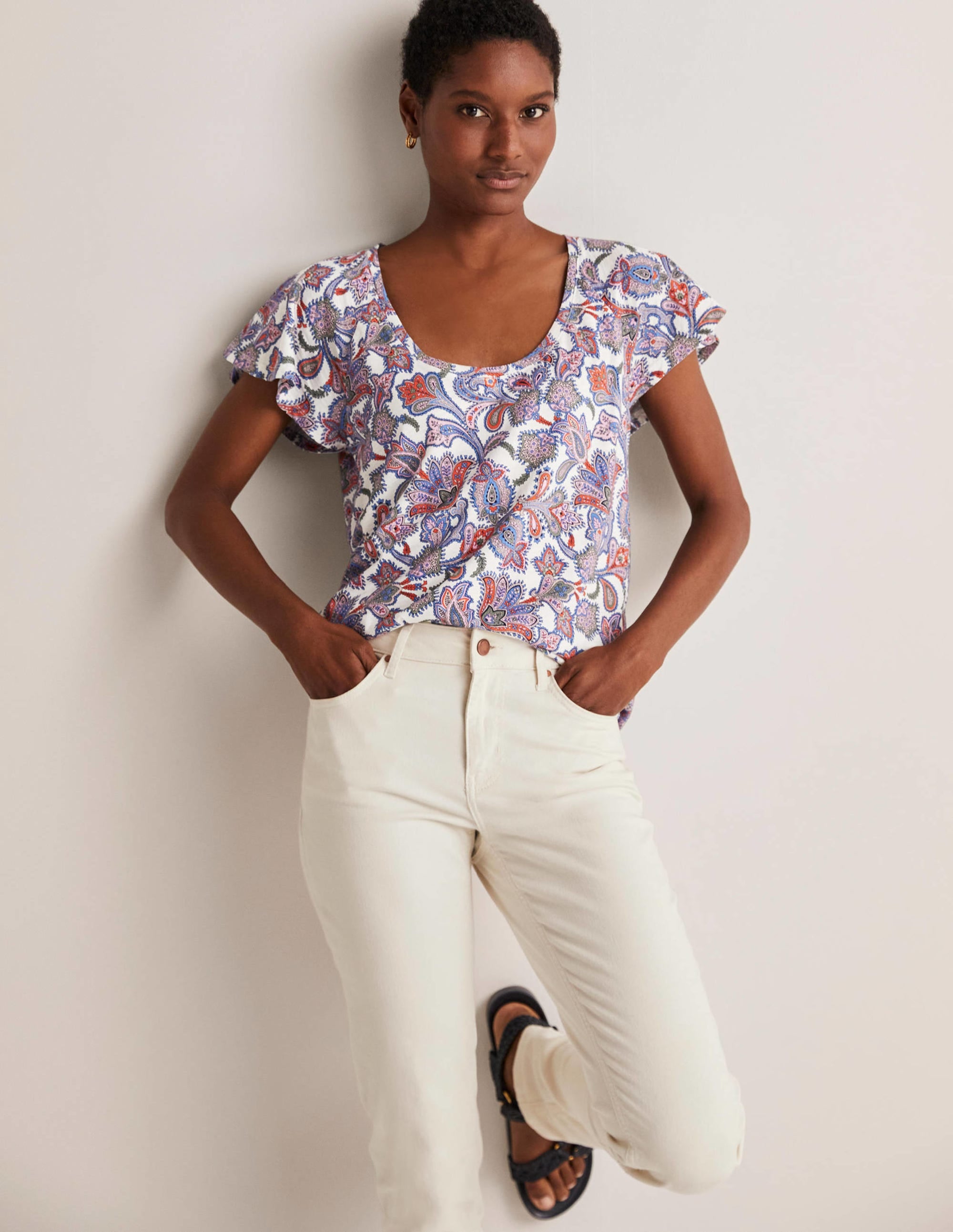  Scoop Flutter Sleeve T-Shirt-Ivory, Paisley Bud、mySite、ashleygrahame