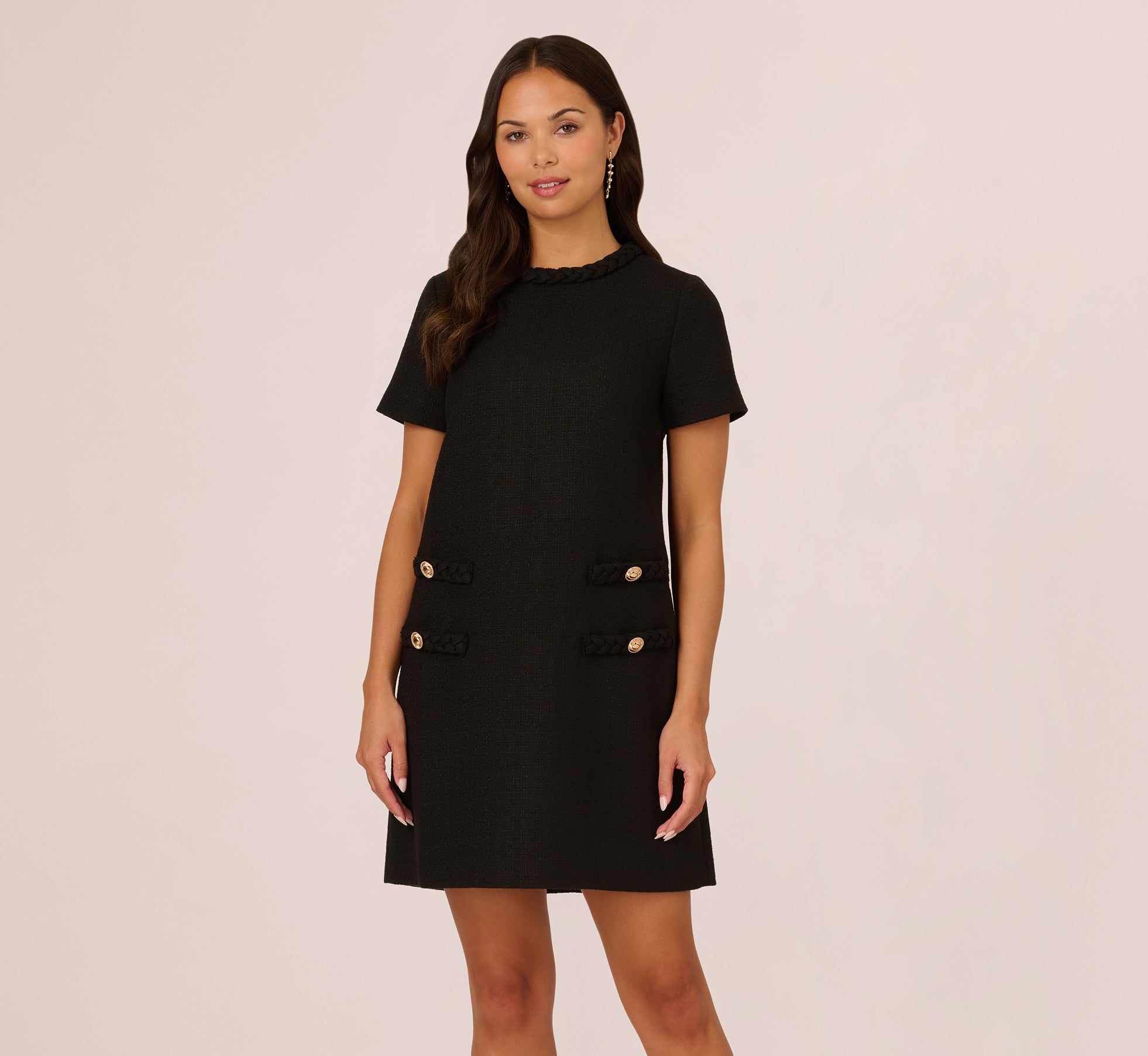 Tweed Sheath Dress With Short Sleeves In Black、mySite、solidvoid