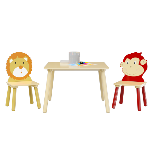 Kids Table and 2 Chairs Set, 3 Pieces Toddler Table and Chair Set, Wooden Activity Play Table Set (Lion&Monkey)、、casual