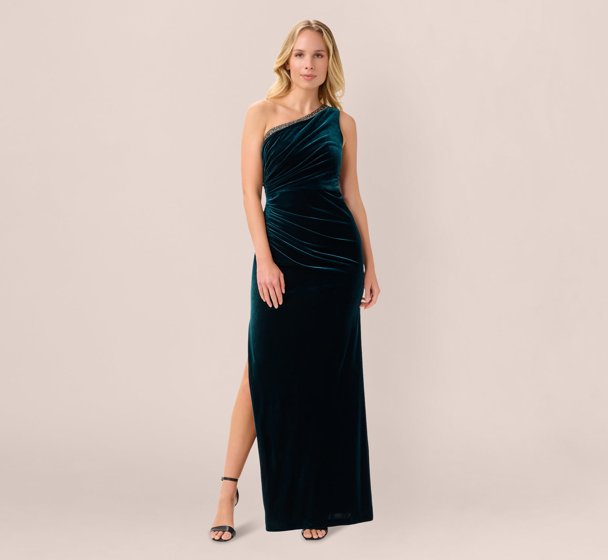 Velvet One Shoulder Gown With Beaded Neckline In Hunter、mySite、solidvoid