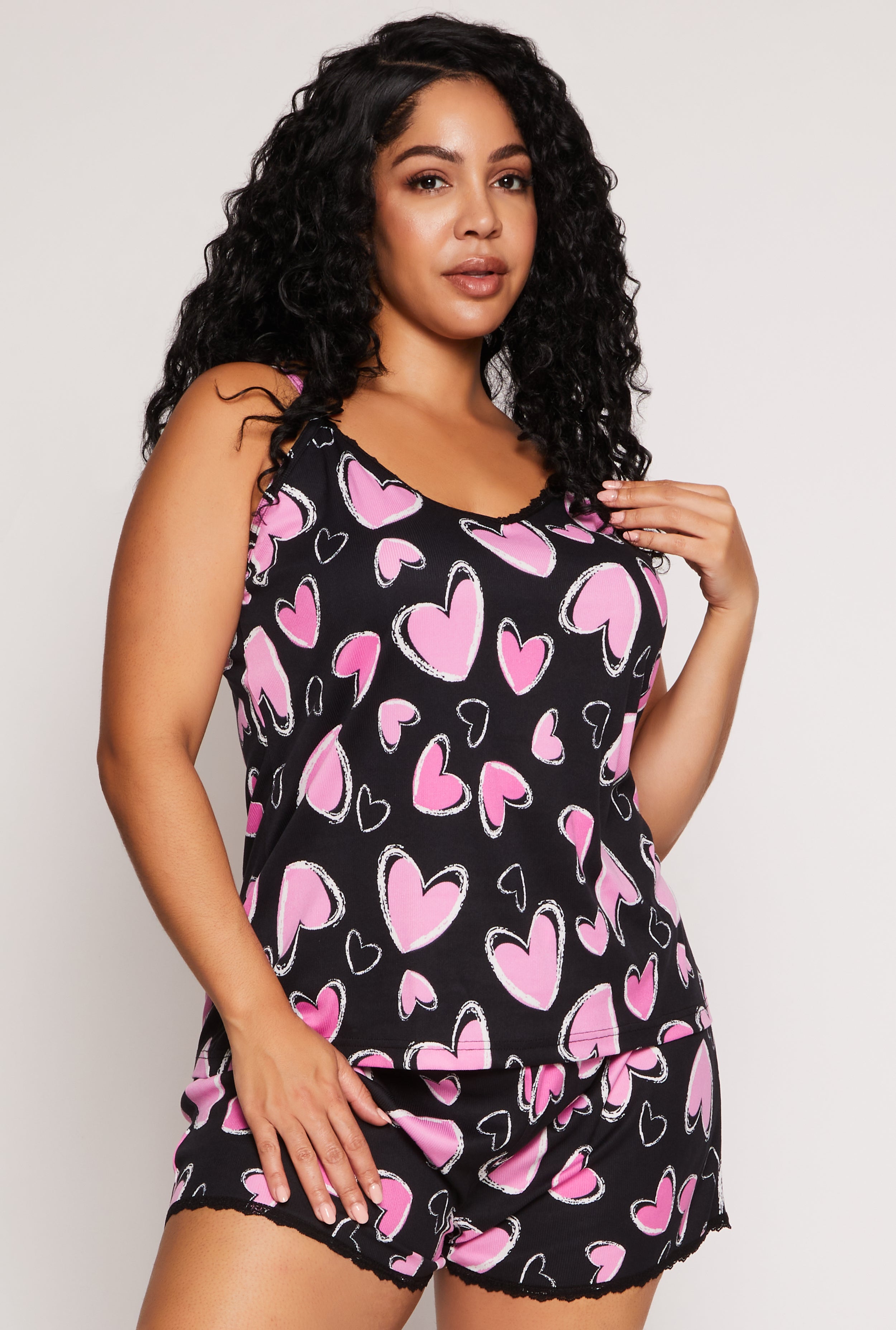 Plus Size Heart Print Pajama Cami and Shorts、mySite、camillekostekn