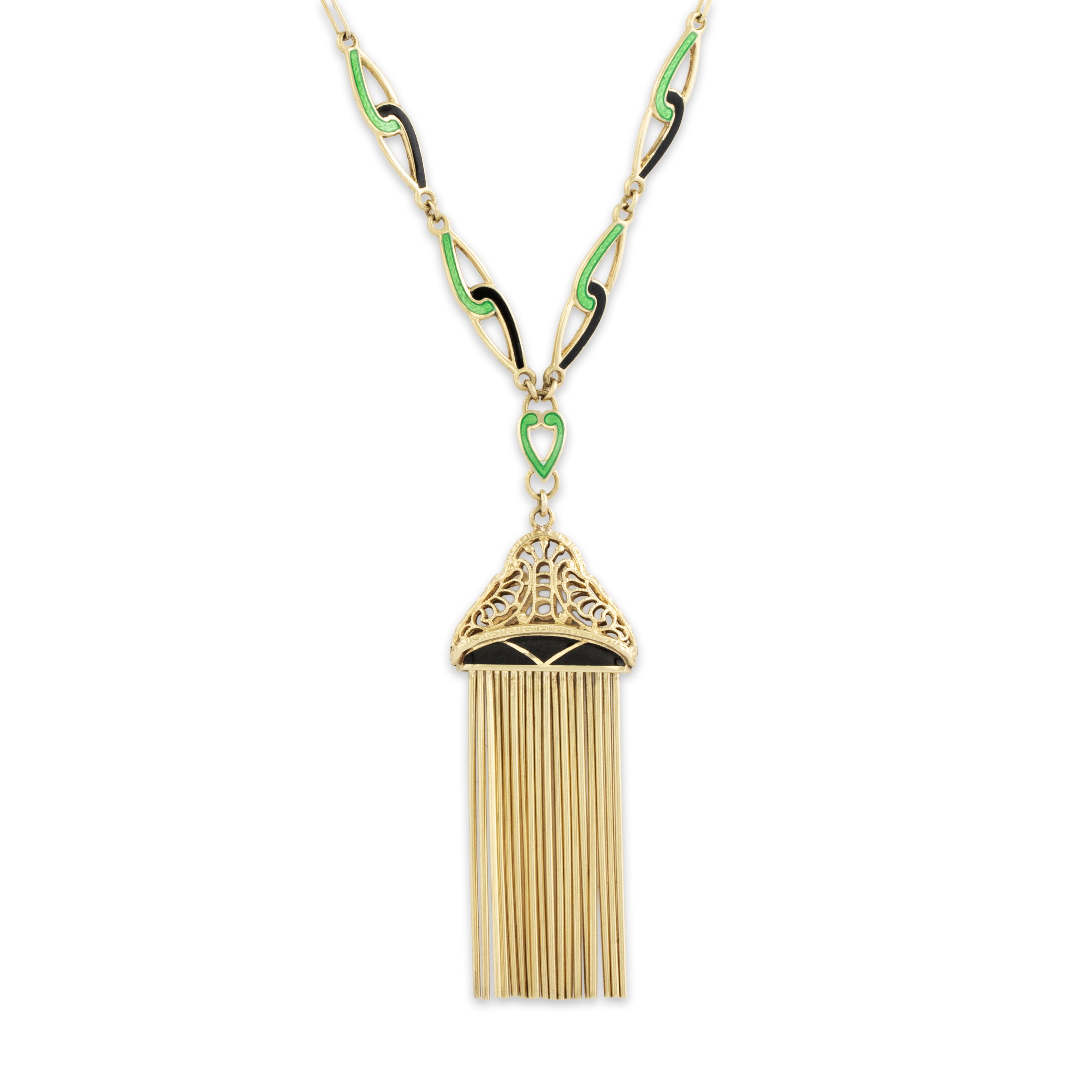 Antique Art Deco 14k Yellow Gold Black & Green Enamel Fringe Necklace 15.5、mySite、hinf8tx79