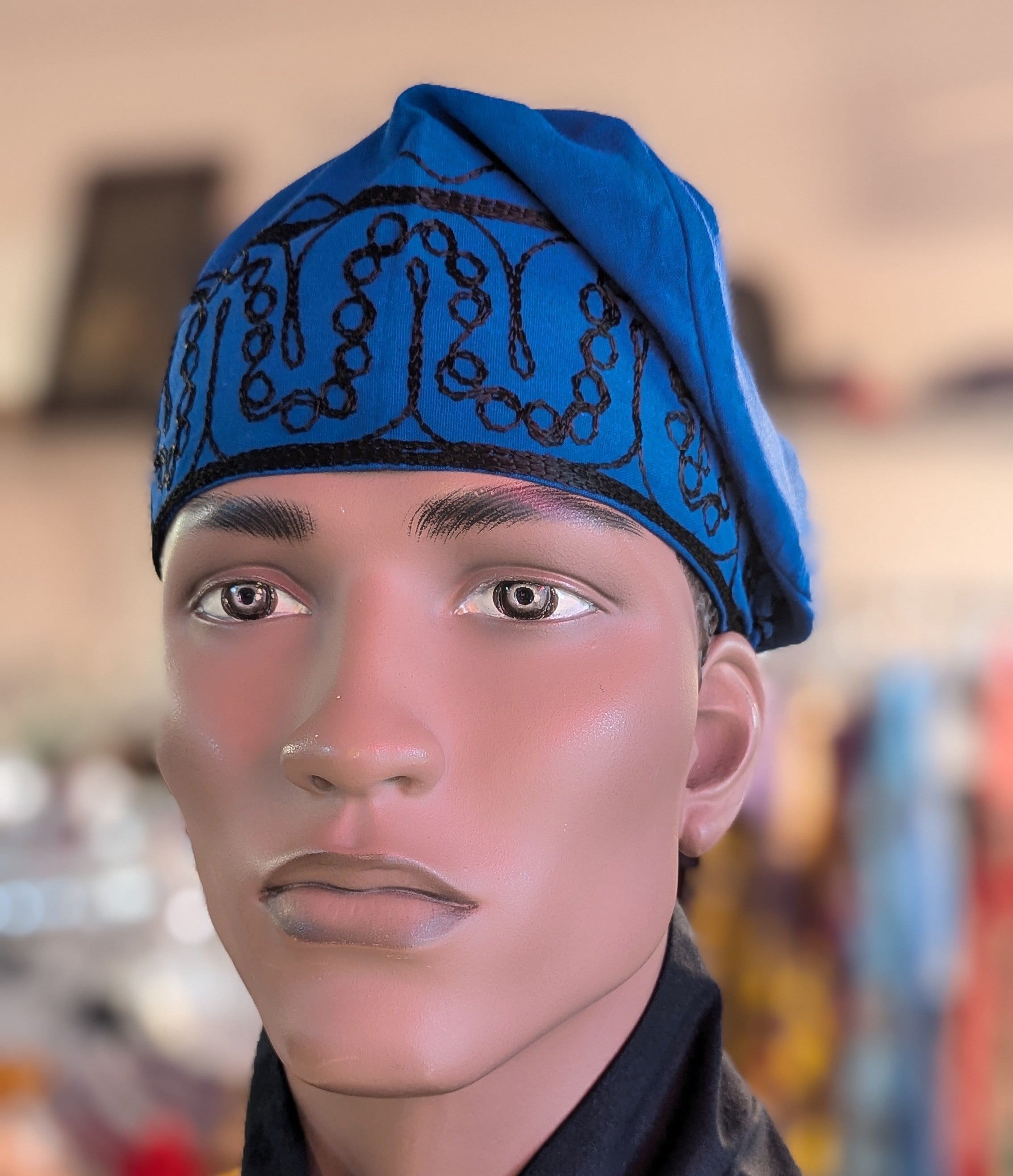 Dupsie's Ajogun Adebo Royal-Blue African Cotton Adebo Fila Kufi Cap with Black Embroidery DPH4094、mySite、solidvoid