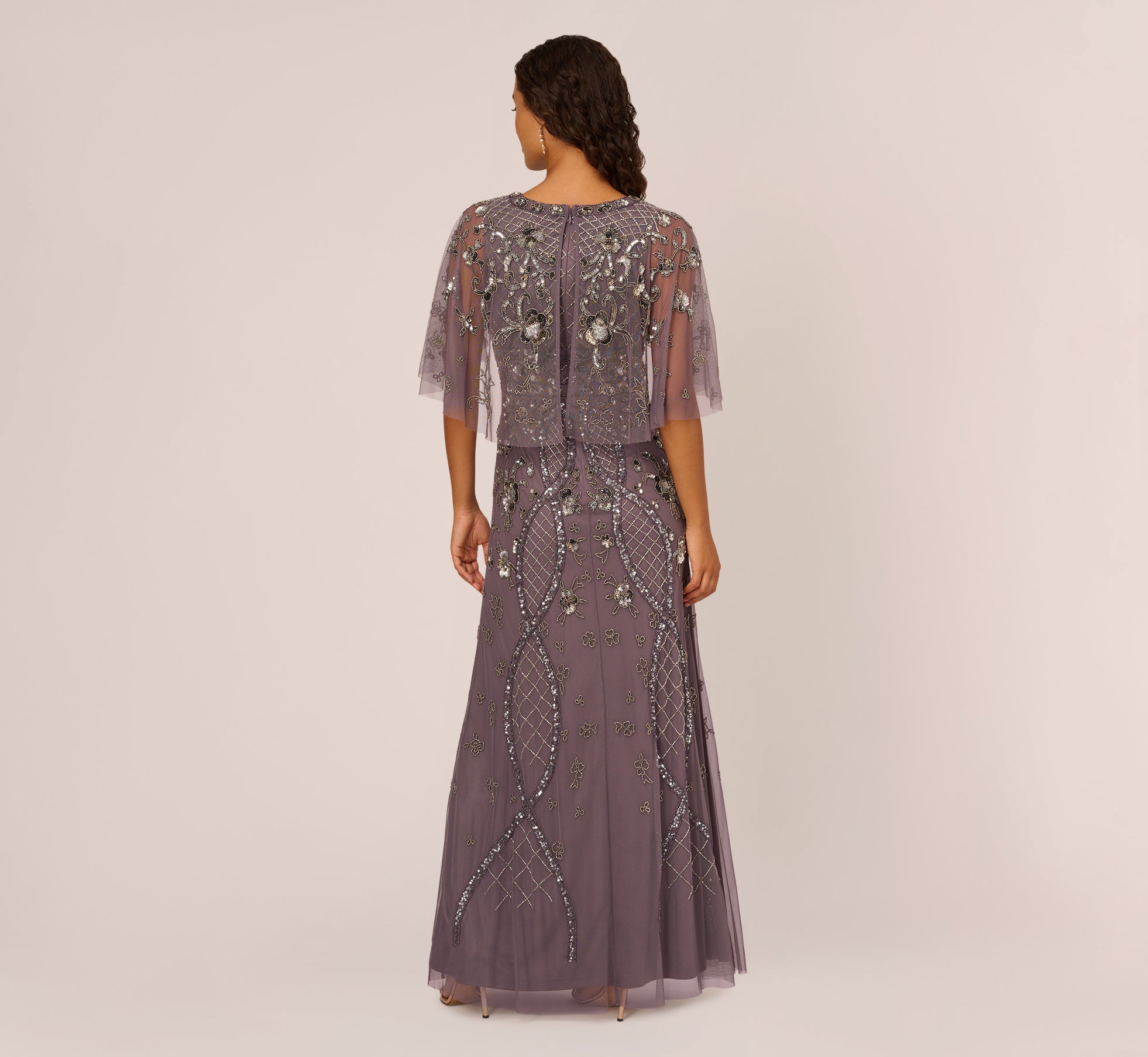Sequin Beaded Gown With Sheer Cape Sleeves In Moonscape、mySite、solidvoid