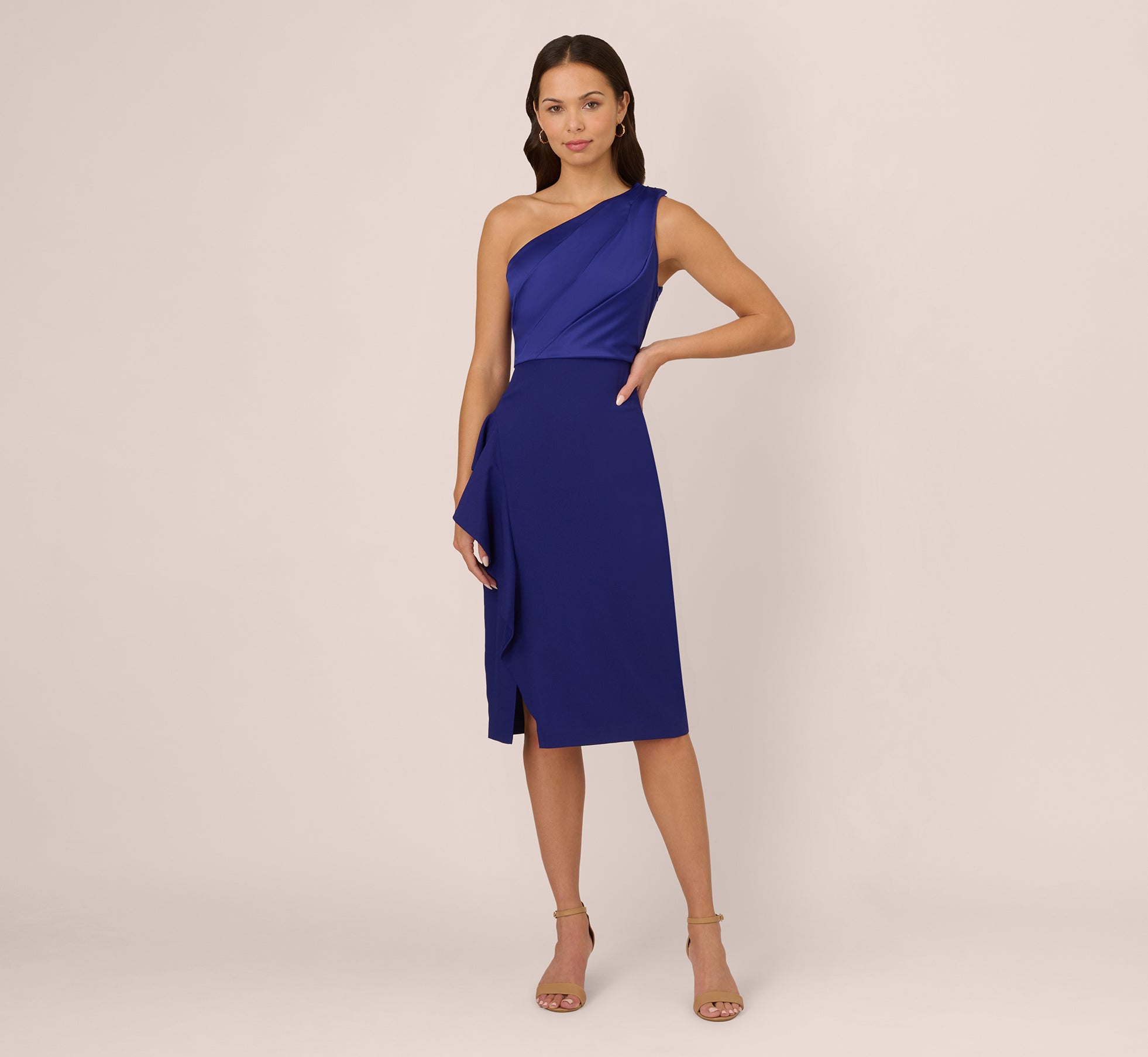 One Shoulder Ruffle Midi Sheath Dress In Dark Blue Violet、mySite、solidvoid