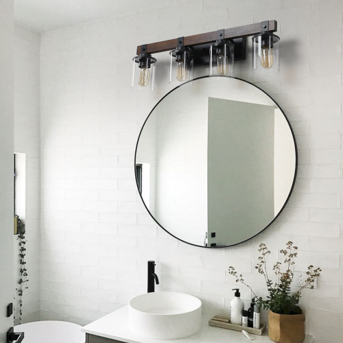(Same as W1340119957/L1016) 27" Rustic 4-Light Vanity Light, Industrial Bathroom Wall Sconce with Glass Shades and Wood Accent, Modern Farmhouse Lighting Fixture (No Bulbs)、、eastwooduniform