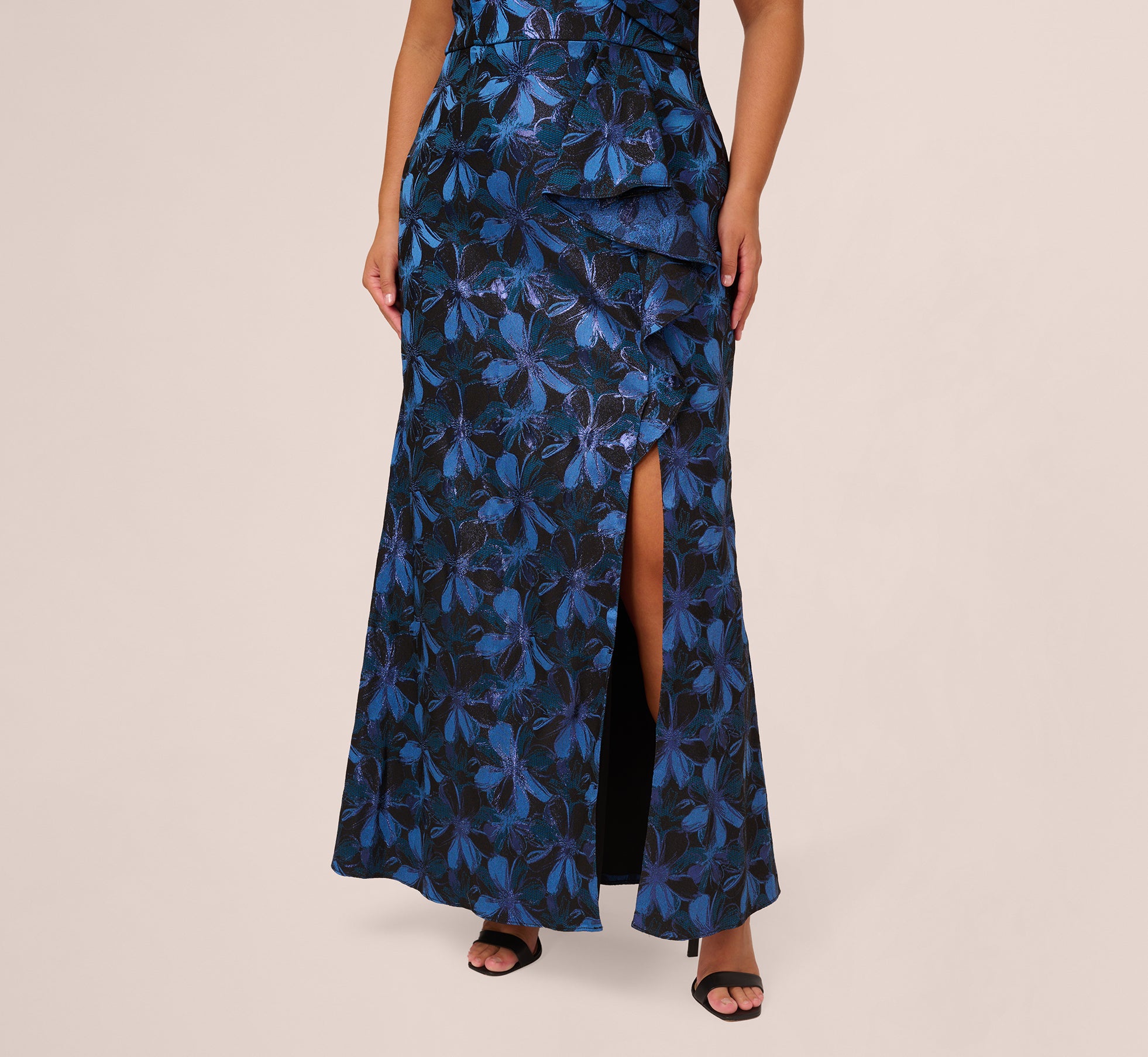 Plus Size Off Shoulder Jacquard Gown In Blue Multi、mySite、solidvoid