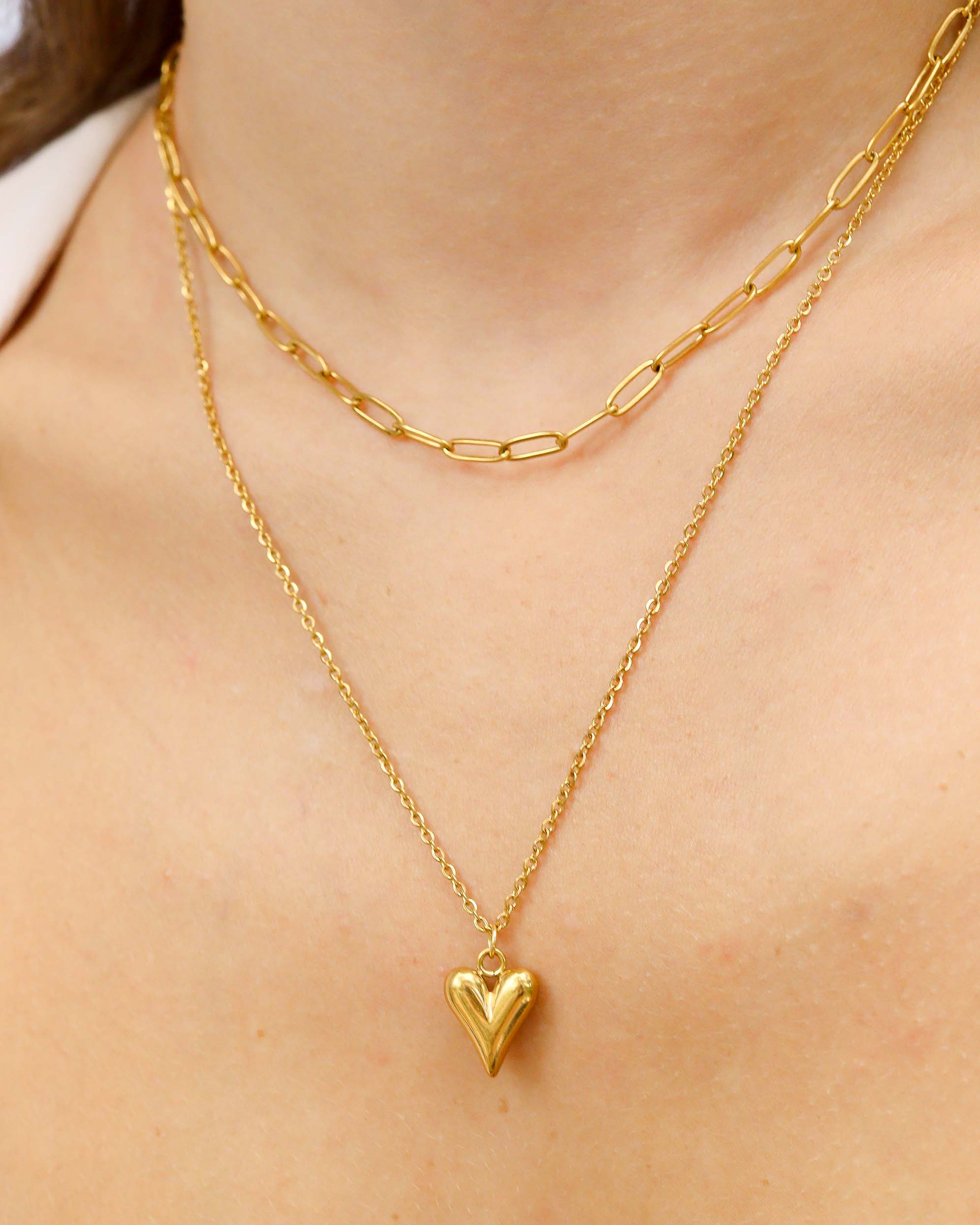 18K Gold PVD Stainless Steel Loop and Paperclip Layered Chain Heart Charm Necklace / CHN0026、mySite、dreamappss