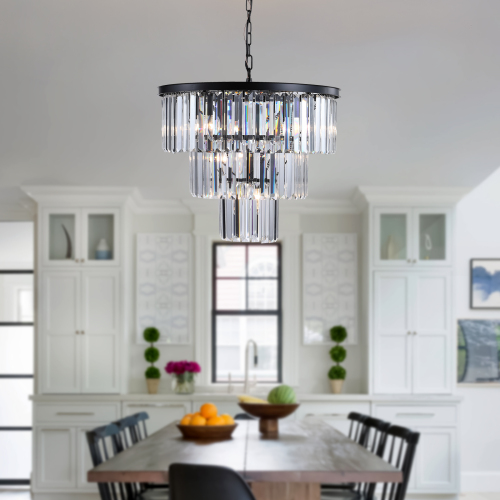 (NEW SKU:W1340P189315) 20" Modern Crystal Chandelier with Black Finish – Elegant 7-Light Pendant Light with 3 Tier Crystal Strands for Dining Room, Living Room, or Bedroom (Bulb Not Included)、、eastwooduniform