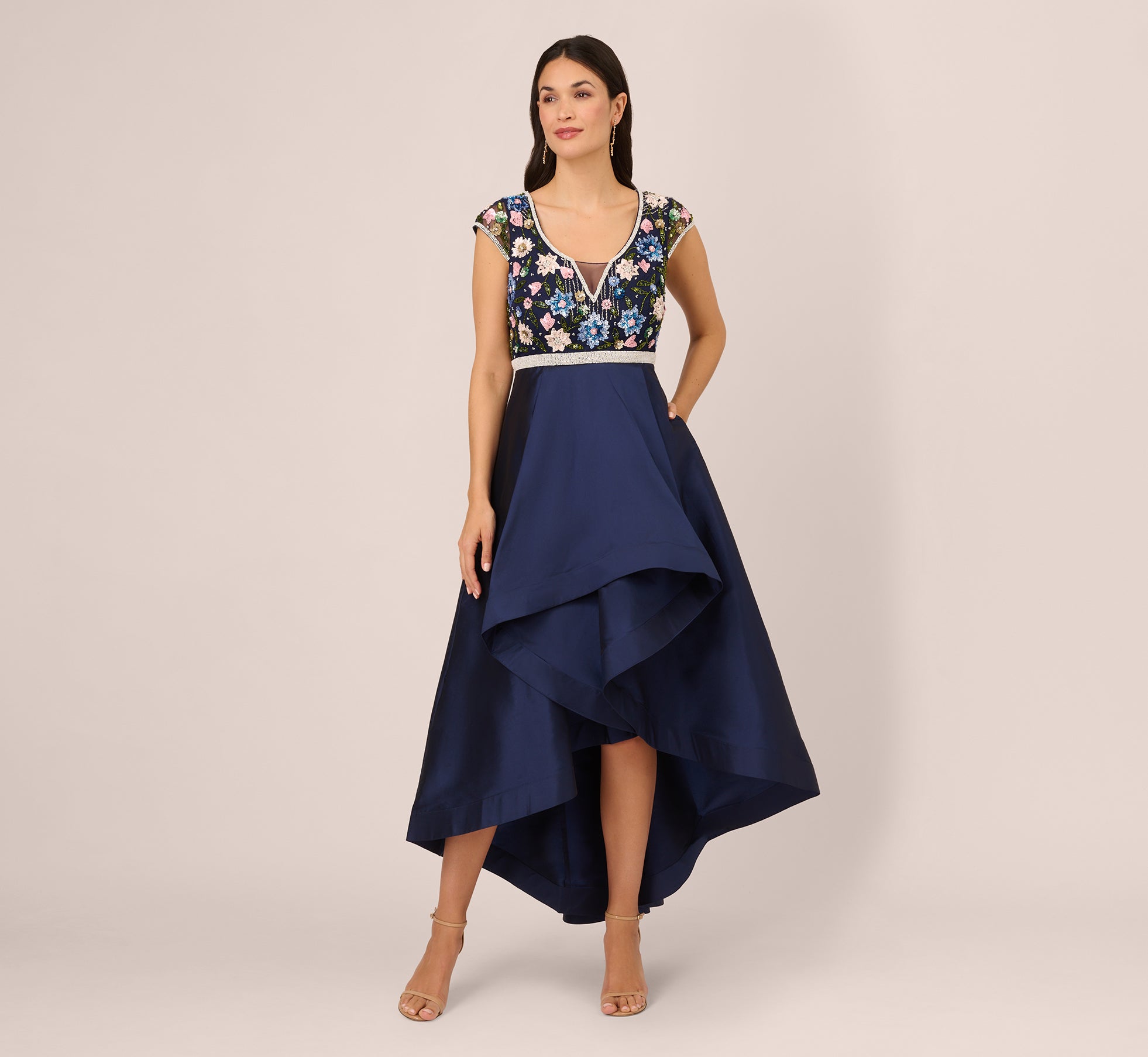 Cap Sleeve Beaded Gown With Taffeta High Low Skirt In Light Navy、mySite、solidvoid