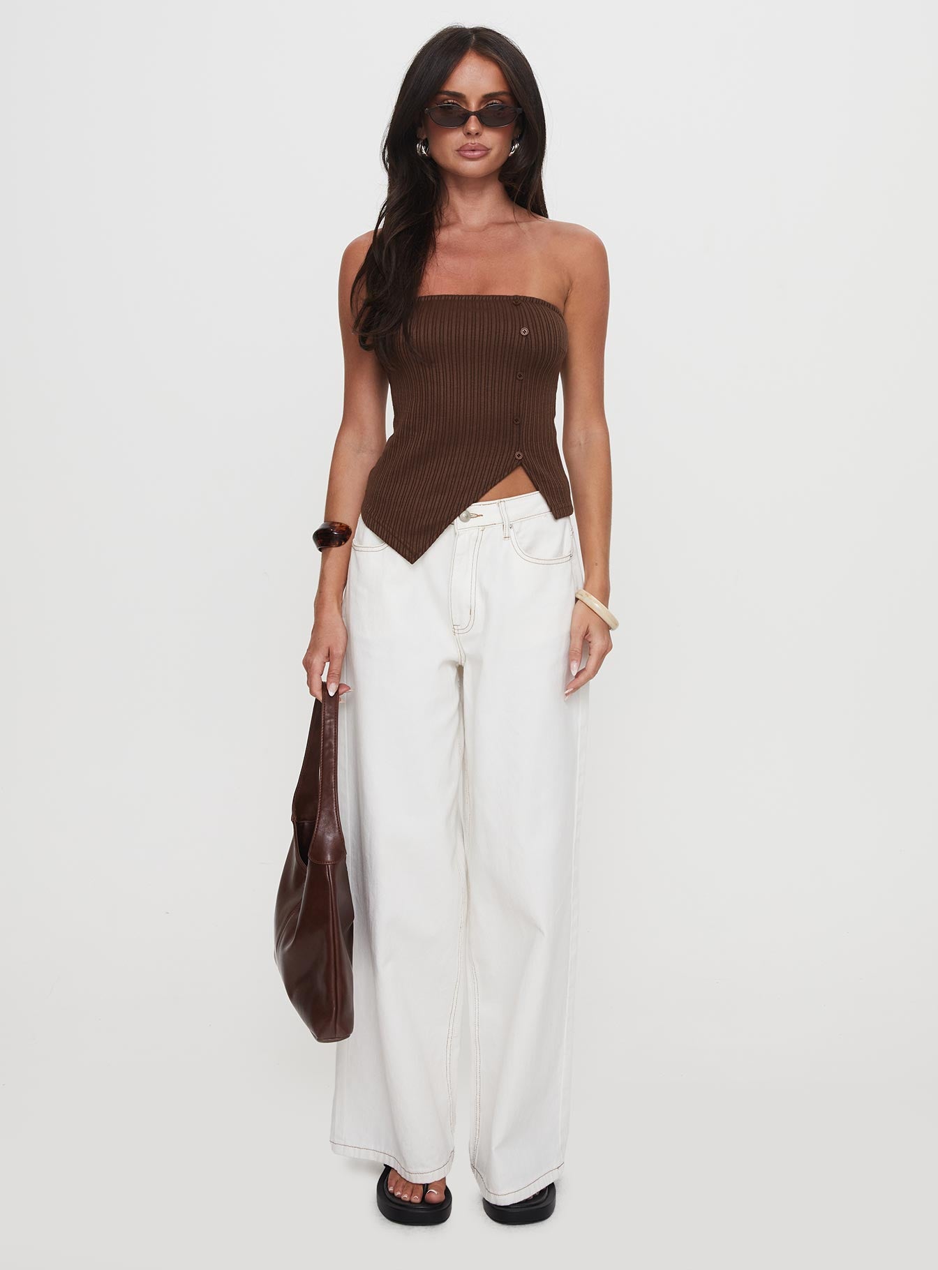 Slow Down Time Strapless Button Detail Top Chocolate、mySite、solidvoid