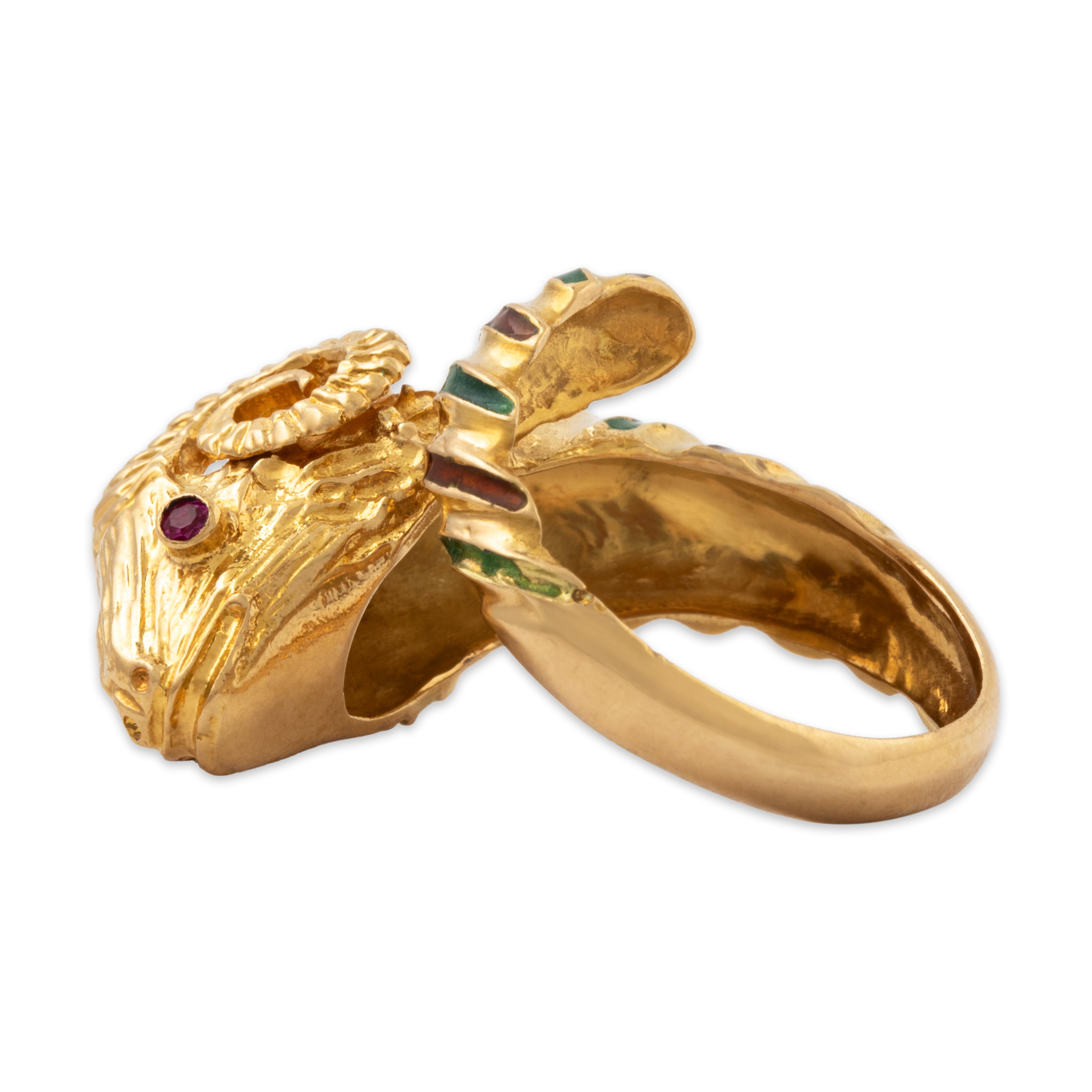 Vintage 18k Yellow Gold Pink Sapphire Green & Orange Enamel Ram Ring、mySite、hinf8tx79