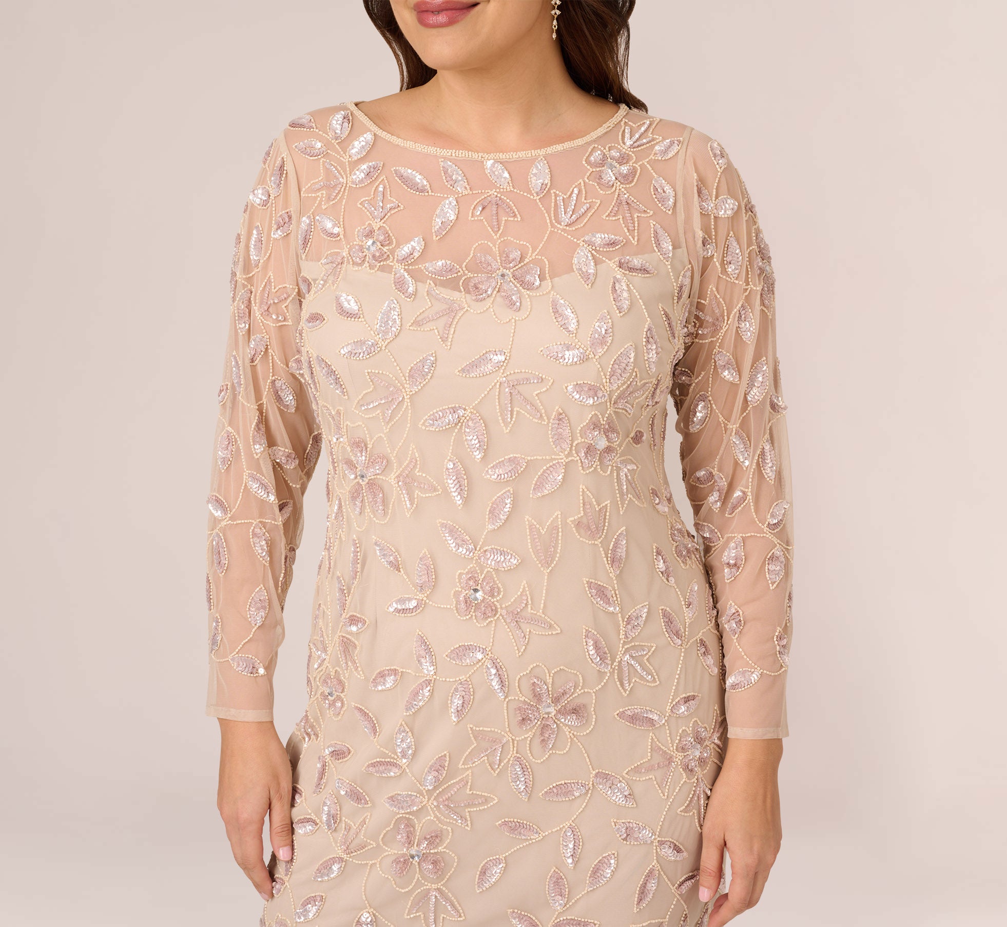 Plus Size Illusion Floral Beaded Gown With Sheer Long Sleeves In Latte、mySite、solidvoid