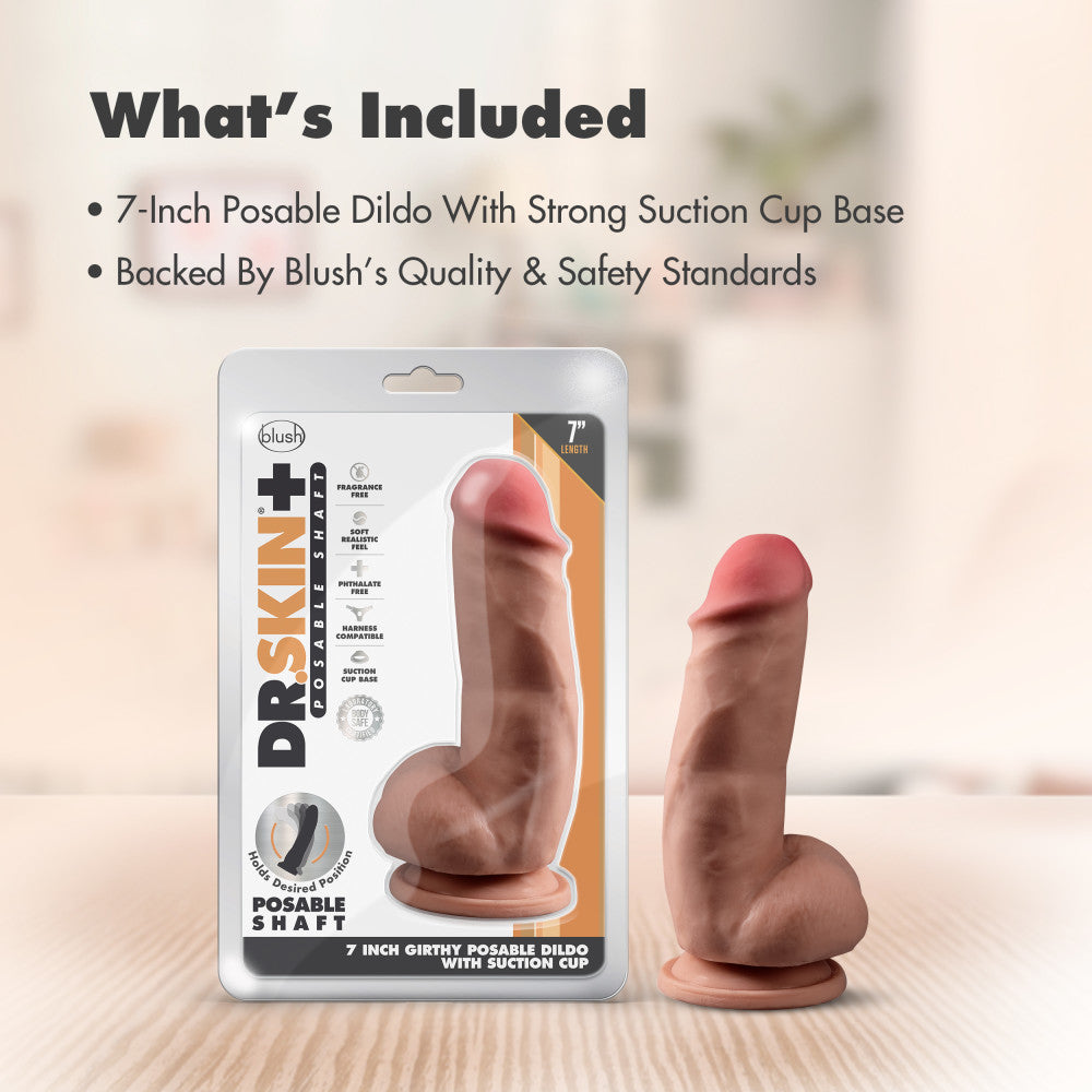 Dr. Skin Plus By Blush® | Realistic Mocha 7-Inch Long Soft Yet Erect & Posable Dildo With Balls & Suction Cup Base、mySite、bottomscart