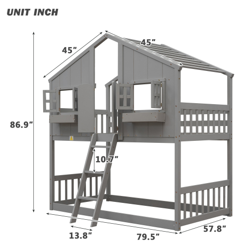 Twin over Twin House Bunk Bed with Roof , Window, Window Box, Door , with Safety Guardrails and Ladder,White、、casual