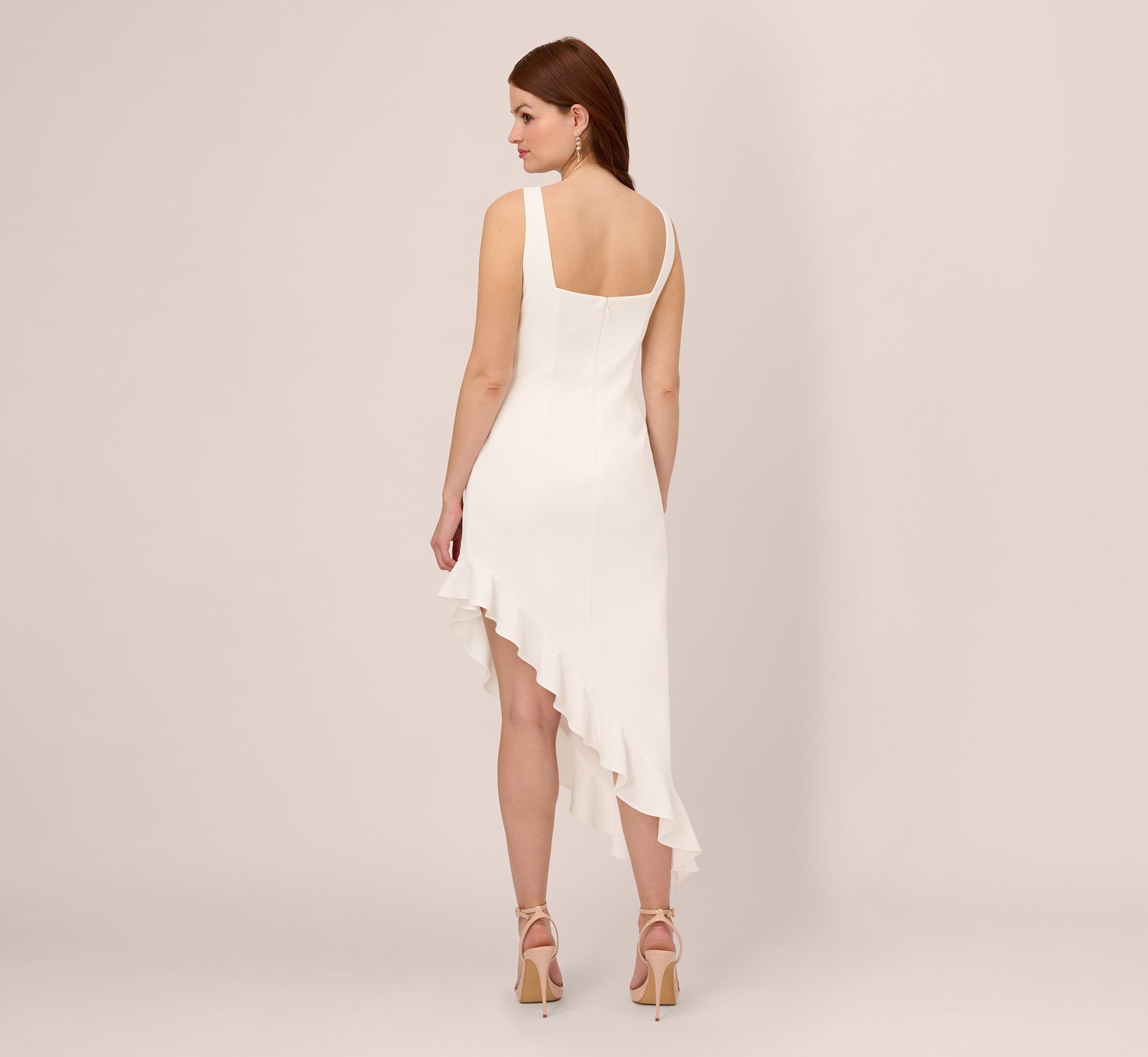 Asymmetrical Crepe Midi Dress With Flounce Hem In Ivory、mySite、solidvoid