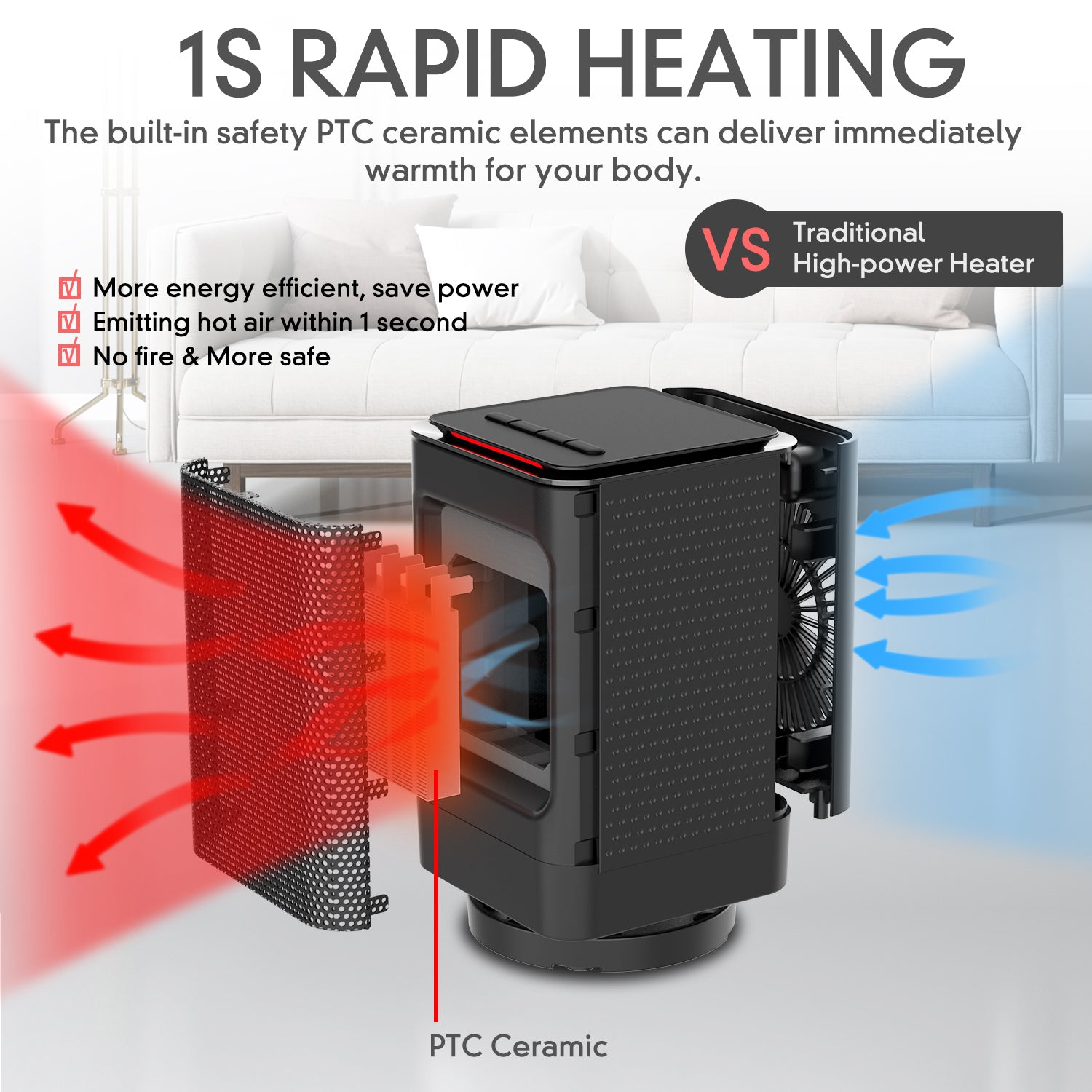 KLOUDIC 950W Portable Ceramic Heater with 45° Oscillation, Black、mySite、fannypackpong