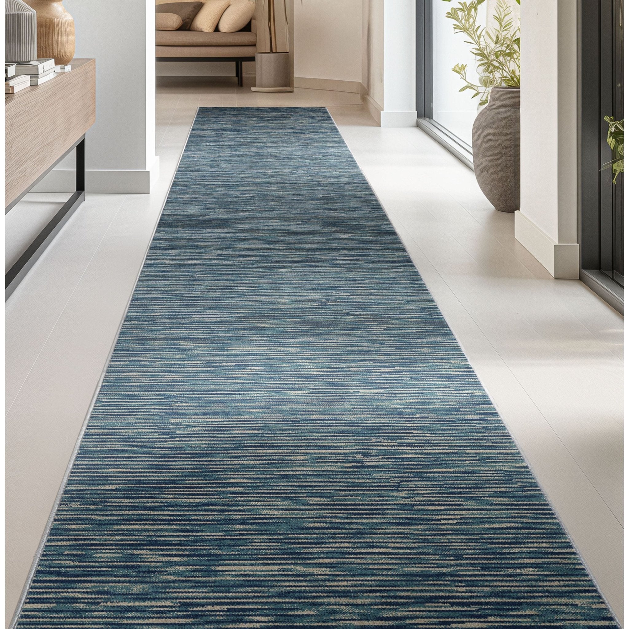Custom Size Runner Striations Modern Striped Blue Fog Choose Your Width x Choose Your Length Hallway Runner Rug、mySite、gigharbornorthrealestate