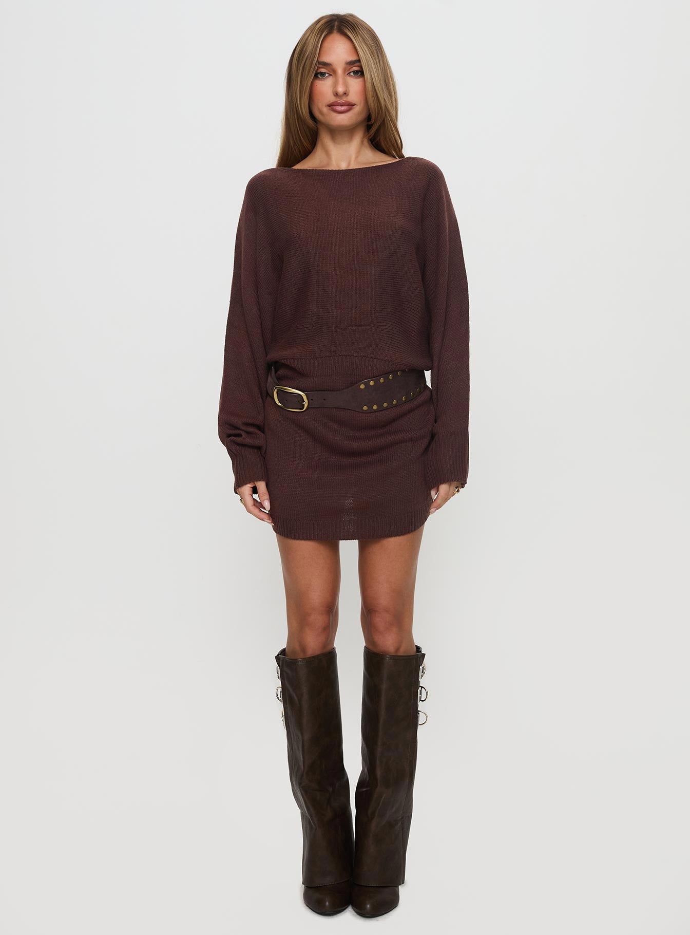 Bellamie Long Sleeve Mini Dress Chocolate、mySite、solidvoid