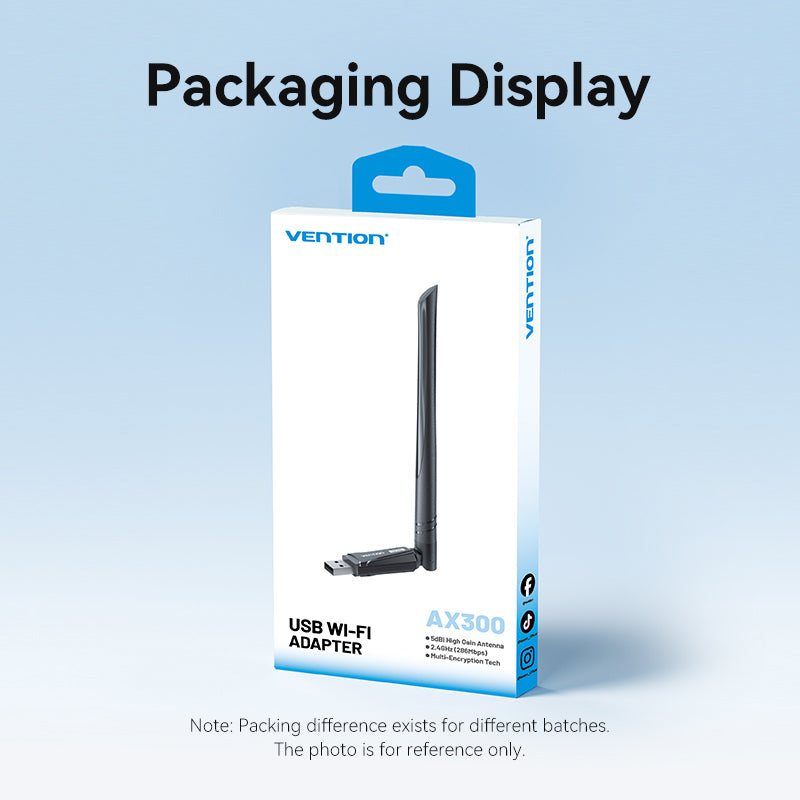 Vention AX300 USB Wi-Fi Single Band Adapter With High Gain Antenna Black、mySite、fannypackpong