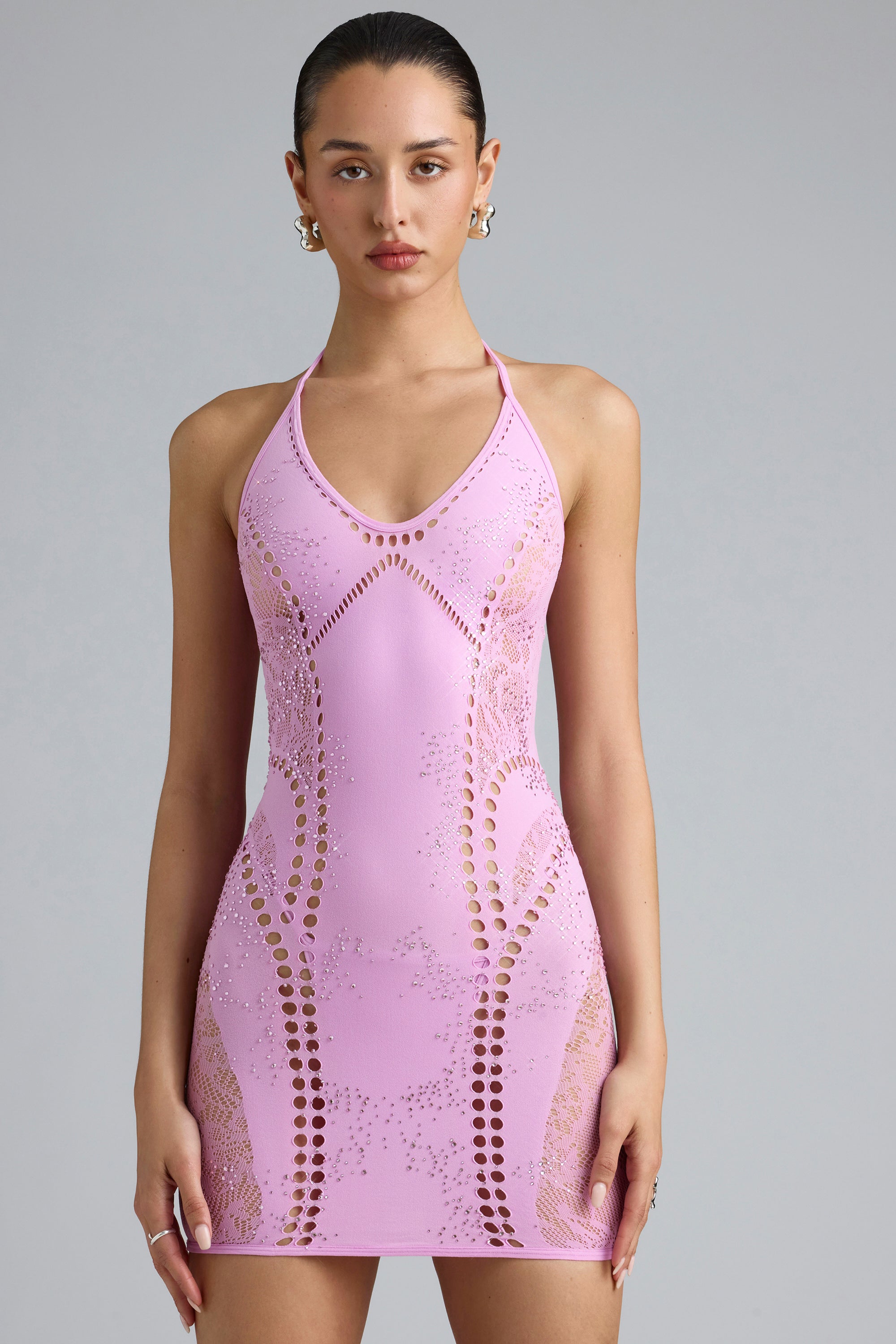 Embellished Halterneck Mini Dress in Violet Pink、mySite、solidvoid