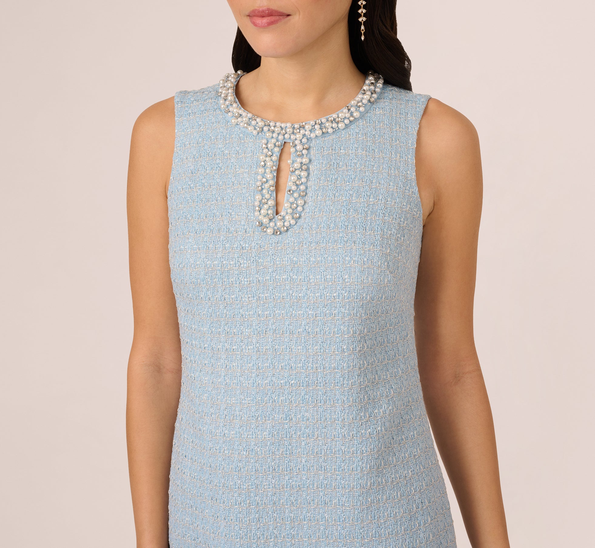 Sleeveless Tweed Beaded Keyhole Shift Dress In Light Blue、mySite、solidvoid