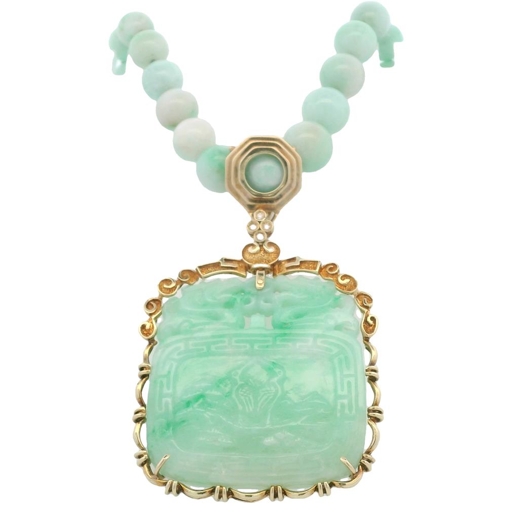  Estate 14K Yellow Gold Jade & Diamond Necklace