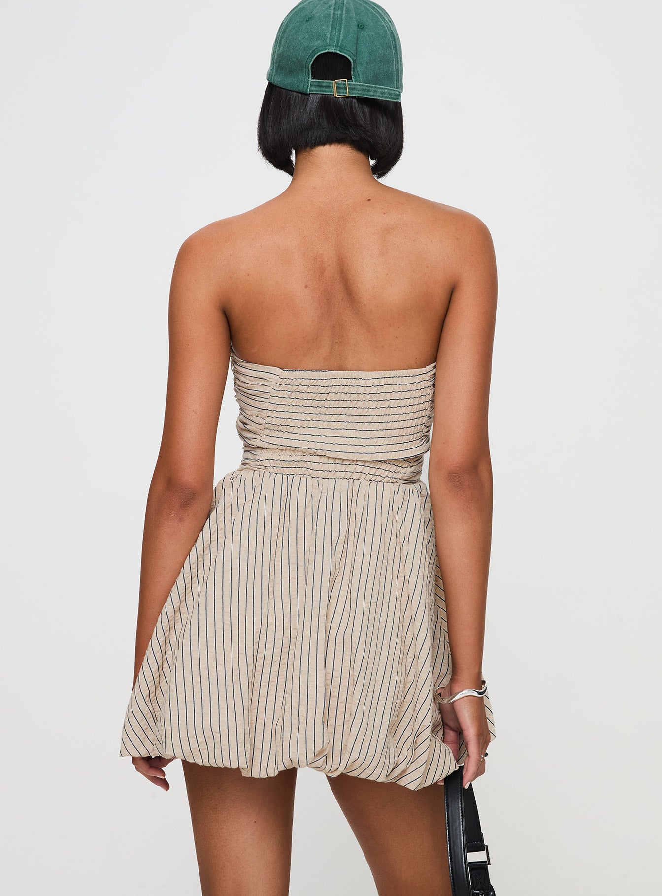 Quinette Strapless Bubble Hem Mini Dress Beige Stripe、mySite、solidvoid
