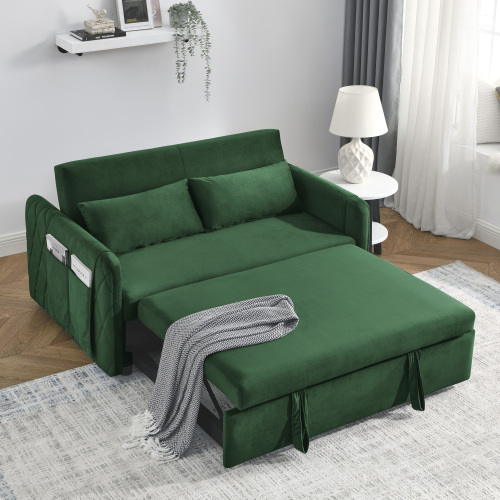 55" Modern Convertible Sofa Bed with 2 Detachable Arm Pockets, Velvet Loveseat Sofa with Pull Out Bed, 2 Pillows and Living Room Adjustable Backrest, Grid Design Armrests、、casual