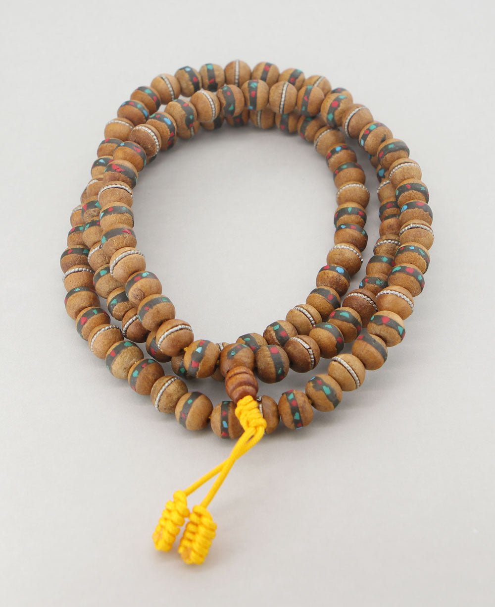 Wooden Mala with Coral and Turquoise Inlays, 108 Beads、mySite、topwebapps