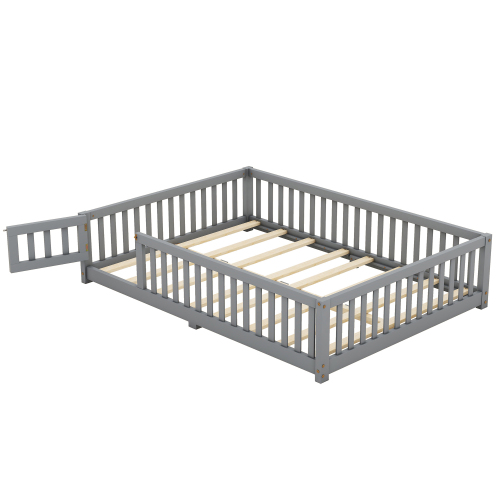 Twin Size Bed Floor Bed with Safety Guardrails and Door for Kids, Natural(Old SKU: W158090686)、、casual