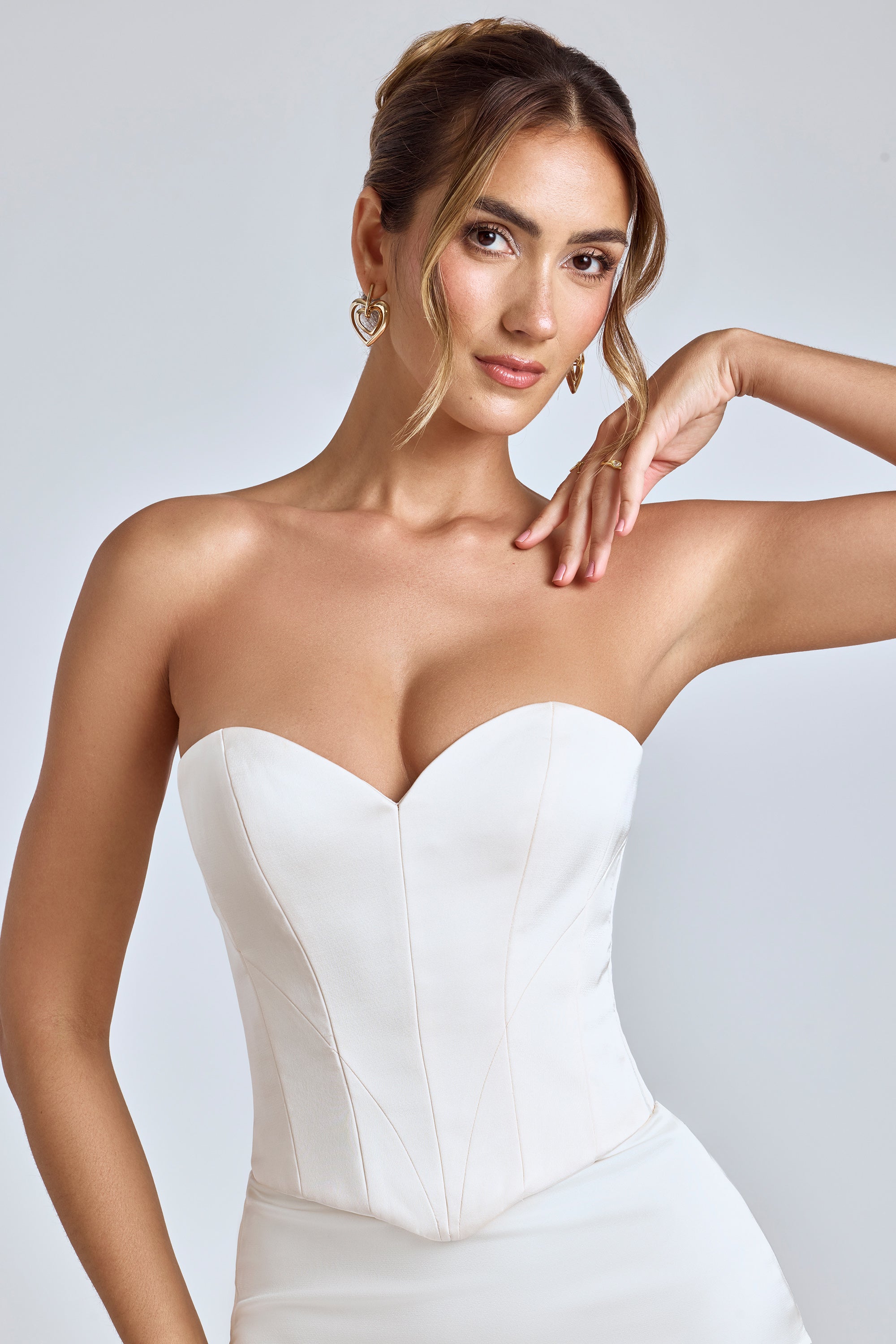 Strapless Lace-Up Satin Corset in Ivory、mySite、solidvoid