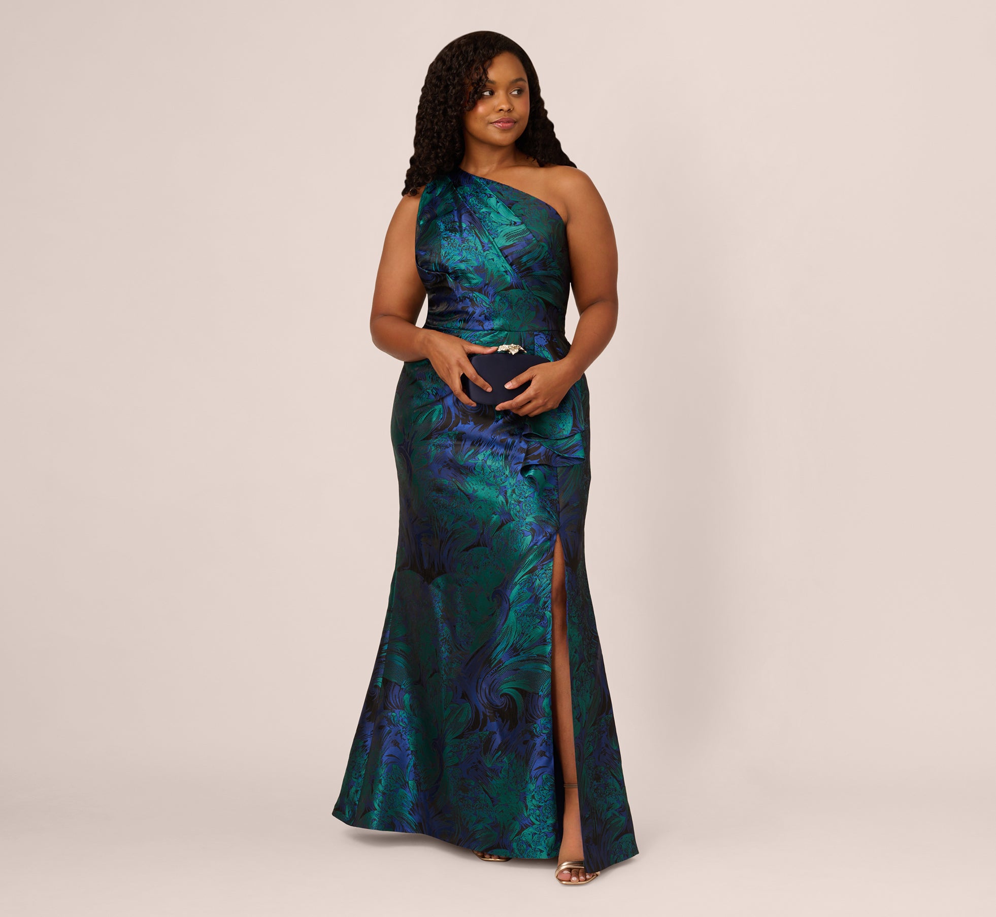 Plus Size One Shoulder Jacquard Mermaid Gown With Drape Detail In Cobalt Teal、mySite、solidvoid
